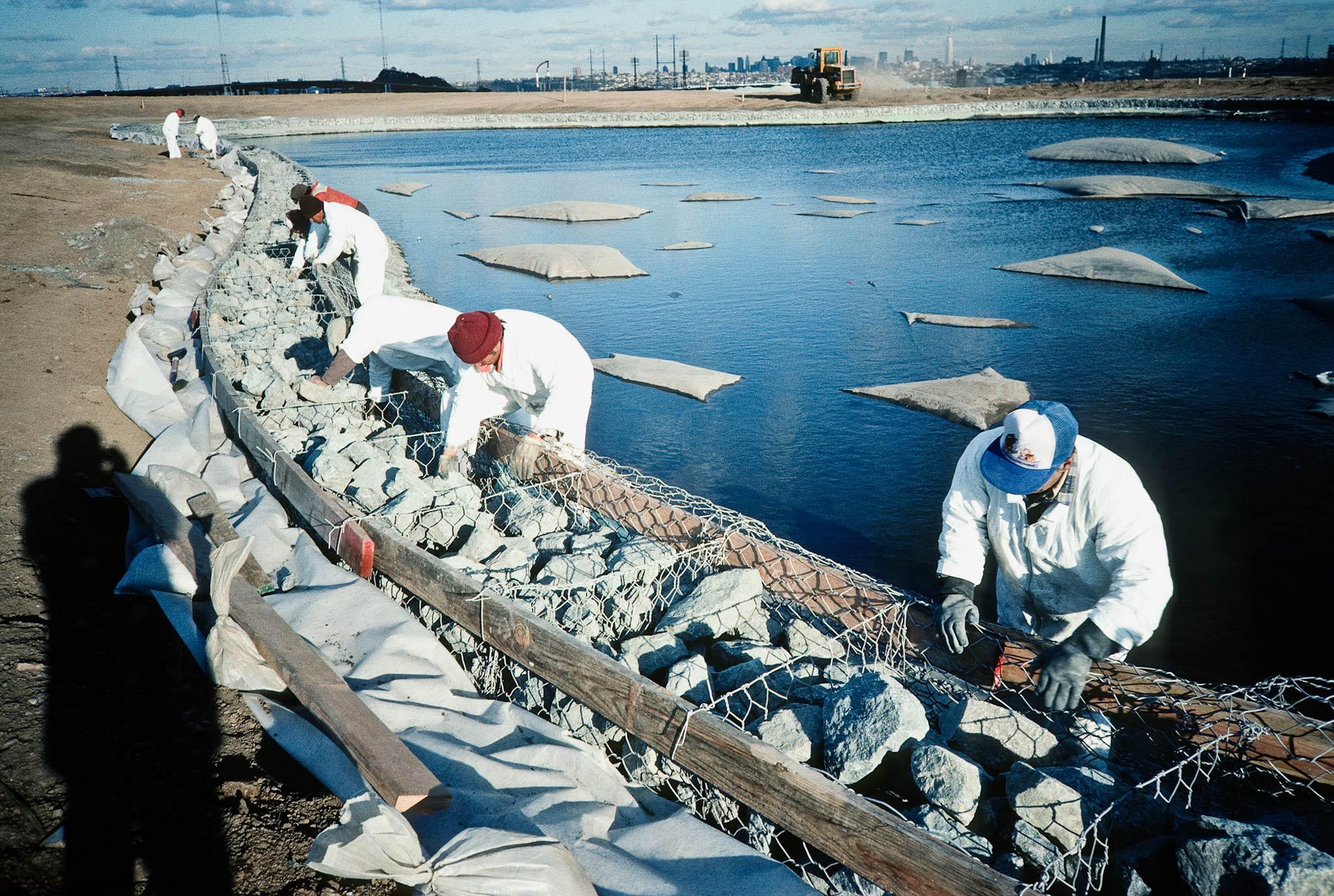 Workers filling gabions with rocks to create a retaining wall along the edge of a pond
