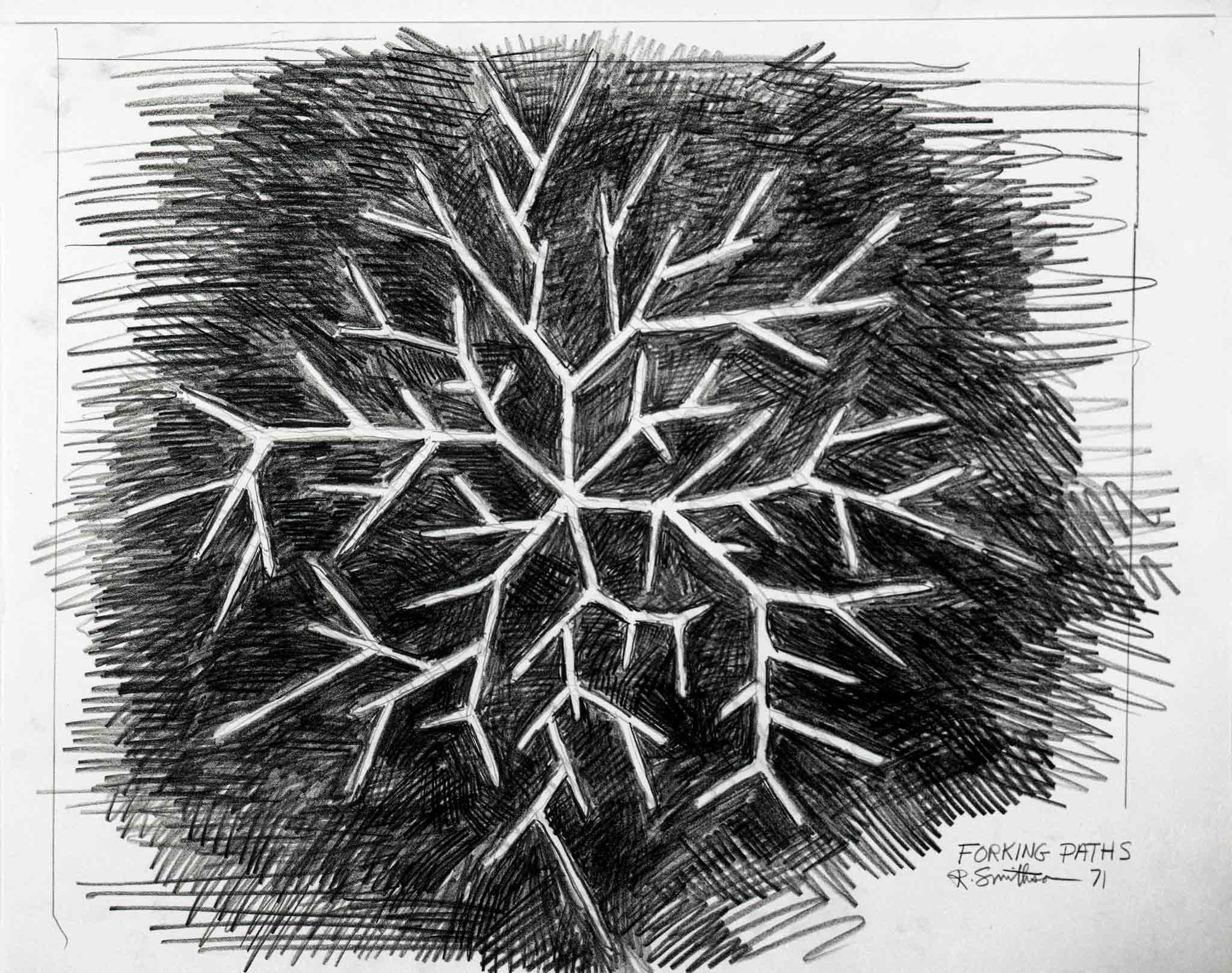 a graphite drawing of white angular lines forking out from a central point