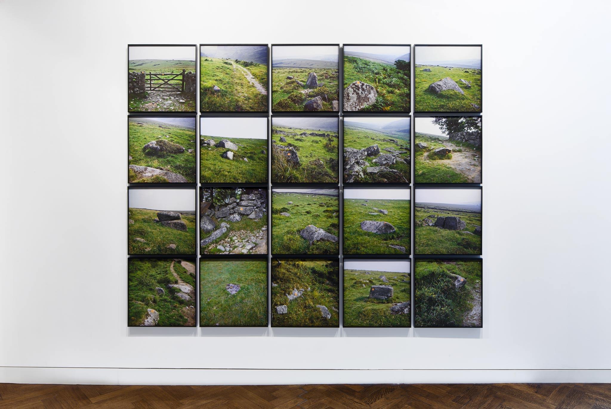 a series of twenty framed photographs on a wall. The images feature an orange dot painted on rocks in a verdant landscape 