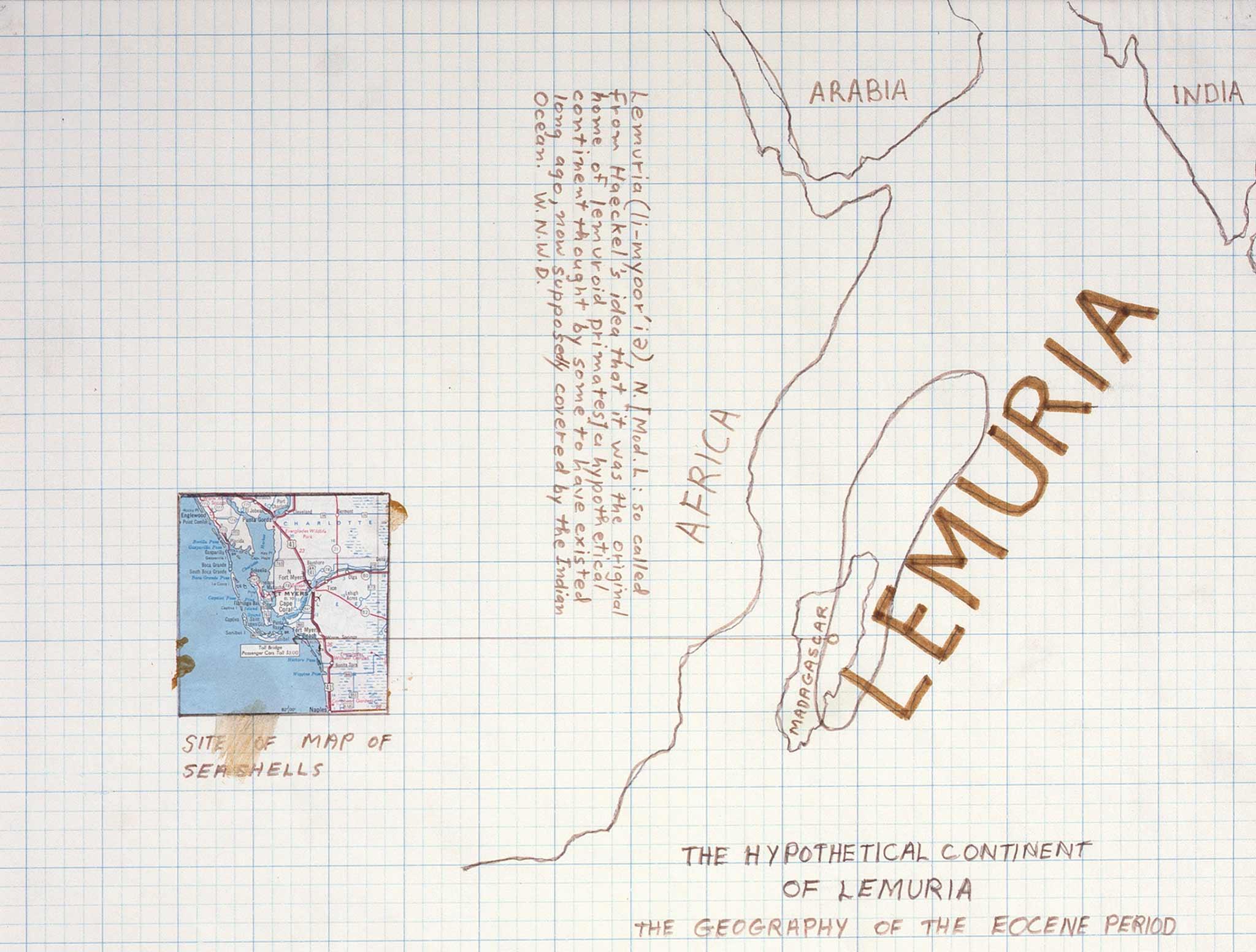 collage and drawing on graph paper depicting a theoretical continent of Lemuria, a map, and many handwritten notes