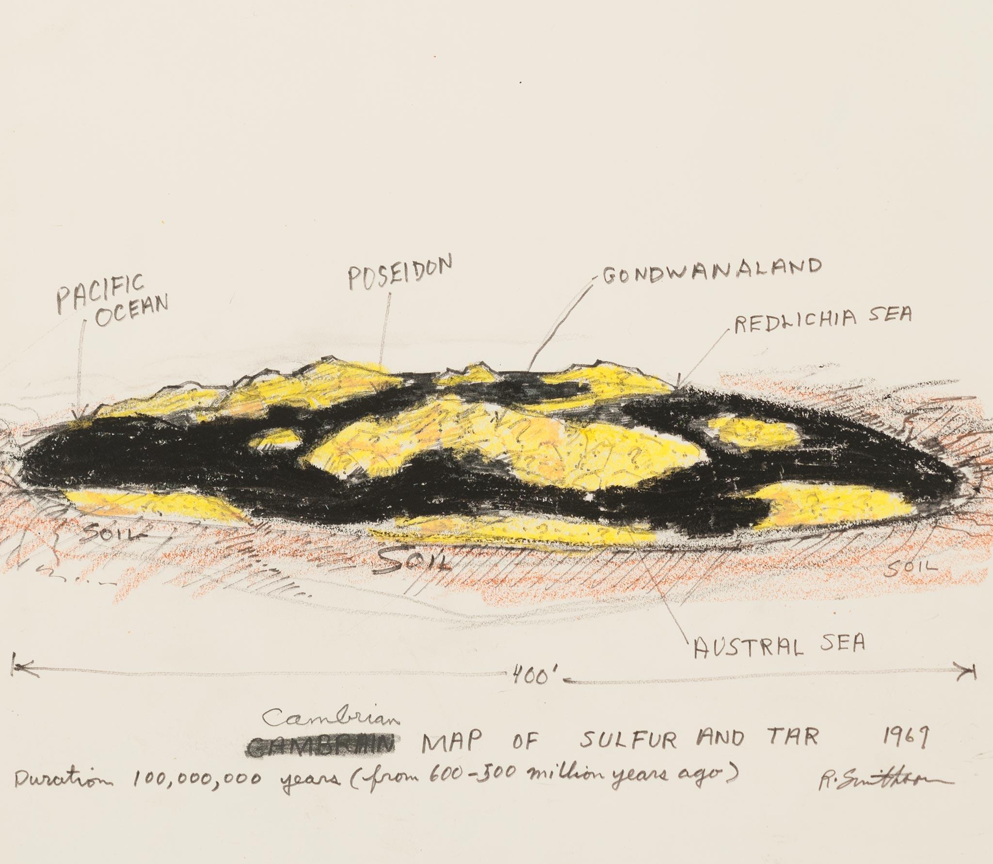 drawing on paper illustrating a side/aerial view of a black and yellow landmass with handwritten graphite notations
