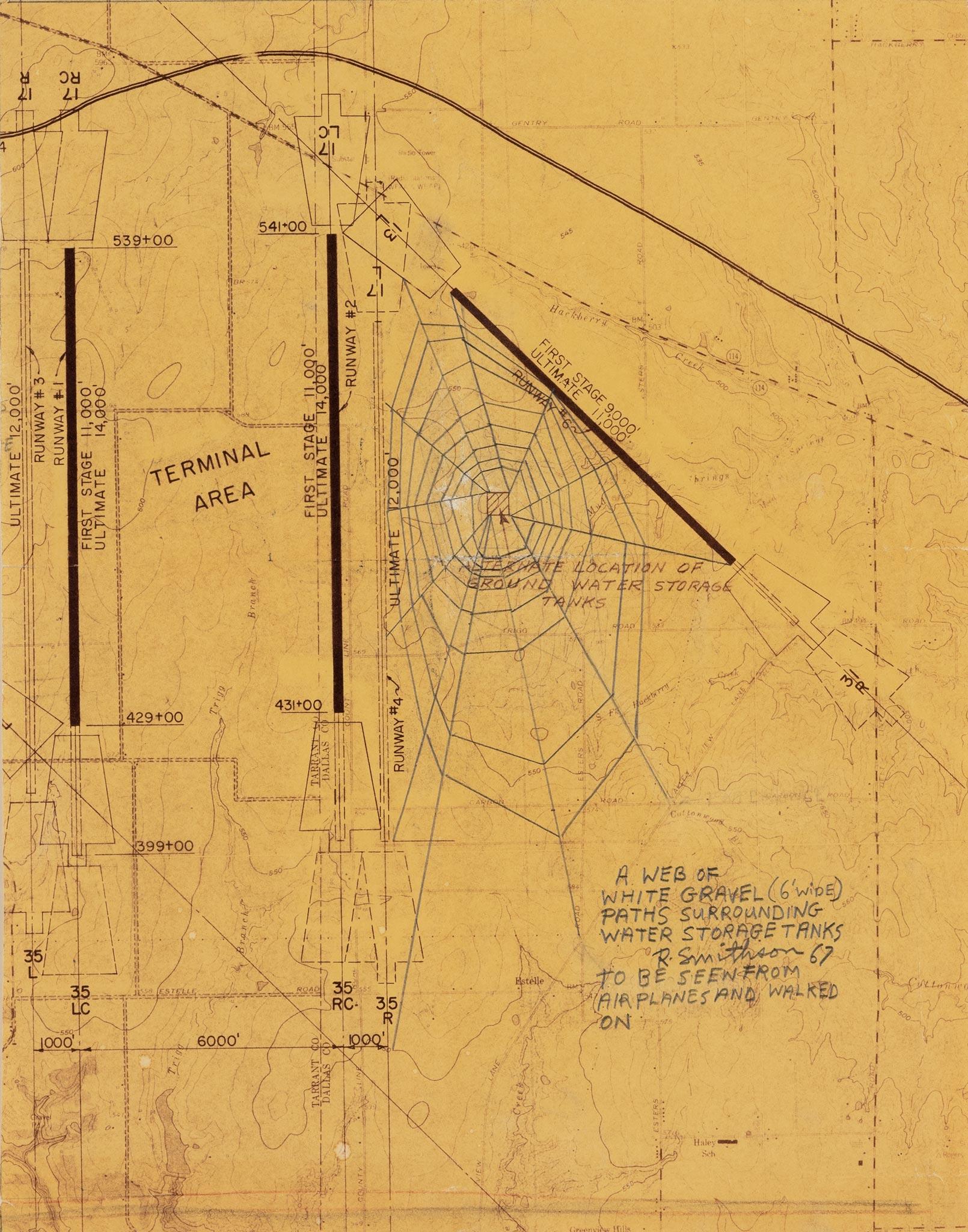 yellow paper featuring a web-like drawing proposing paths near an airport terminal