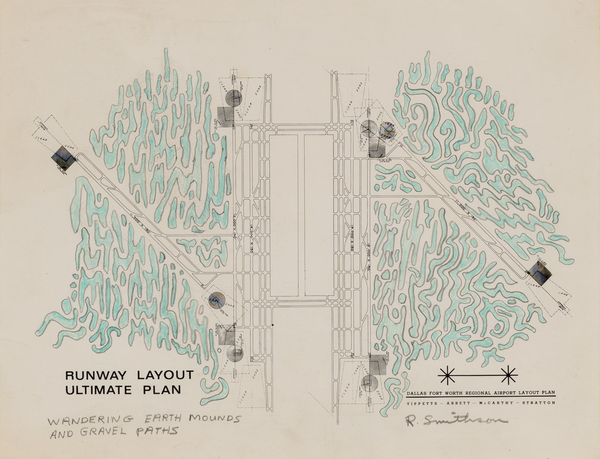 graphite and color pencil drawing of aerial view of airport with wandering earth mounds drawn in teal