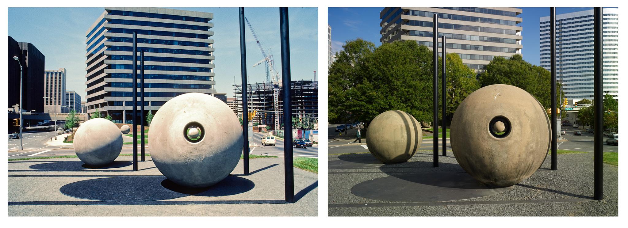 two images of large concrete spheres in an urban park