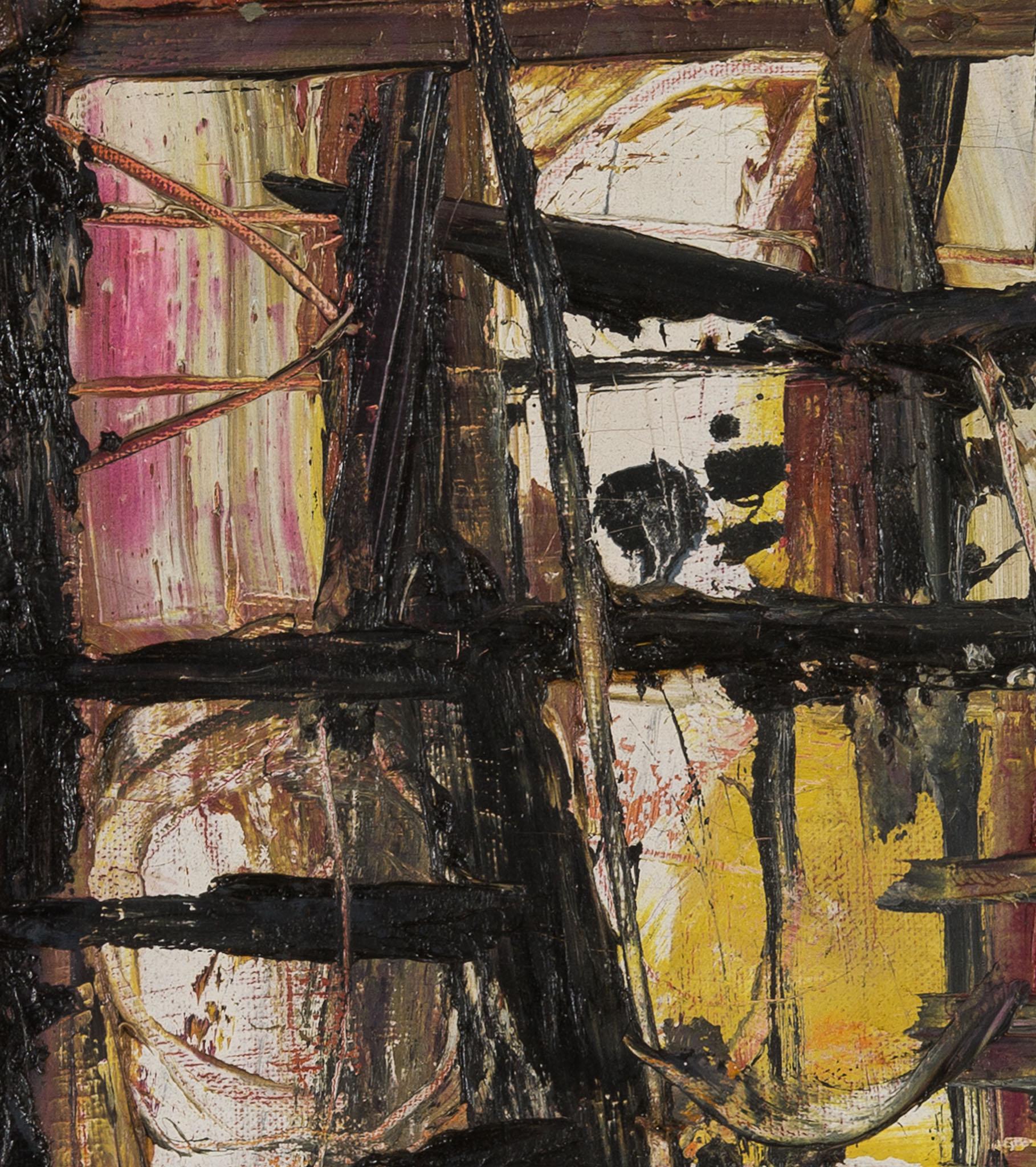 detail of an abstract painting with chaotic brushmarks in black, brown, and yellow