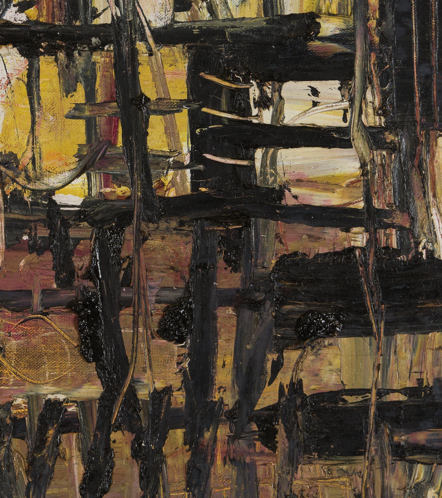 detail of an abstract painting with chaotic brushmarks in black, brown, and yellow