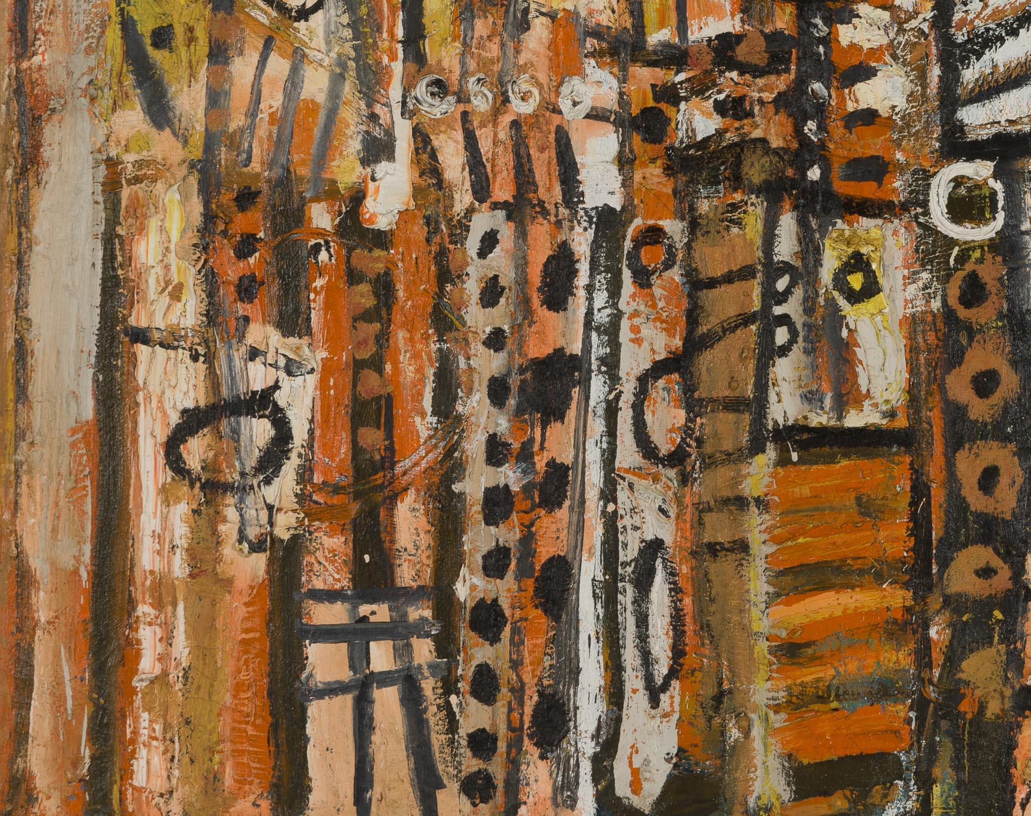 abstract painting of oranges, browns, and earth tones in a chaotic grid