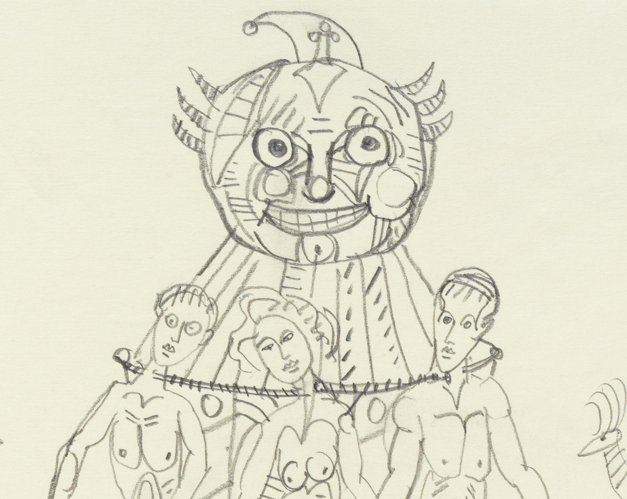 a graphite drawing of a various characters and creatures in a tall formation