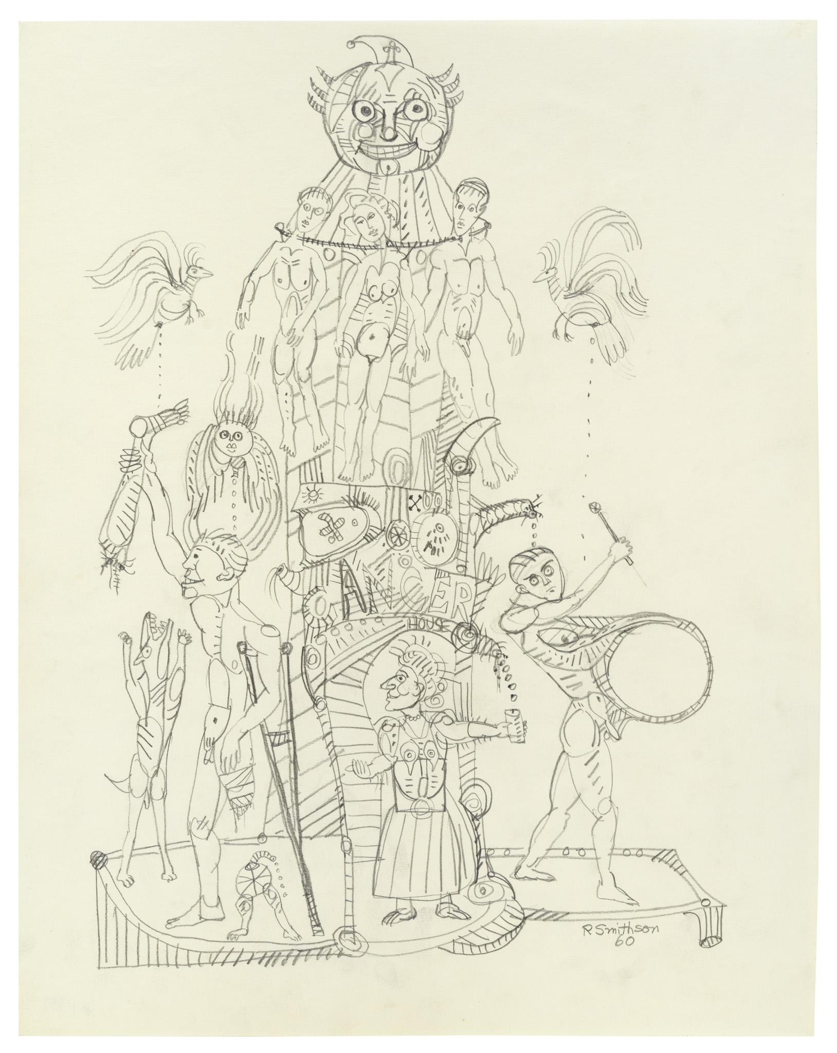 a graphite drawing of a various characters and creatures in a tall formation