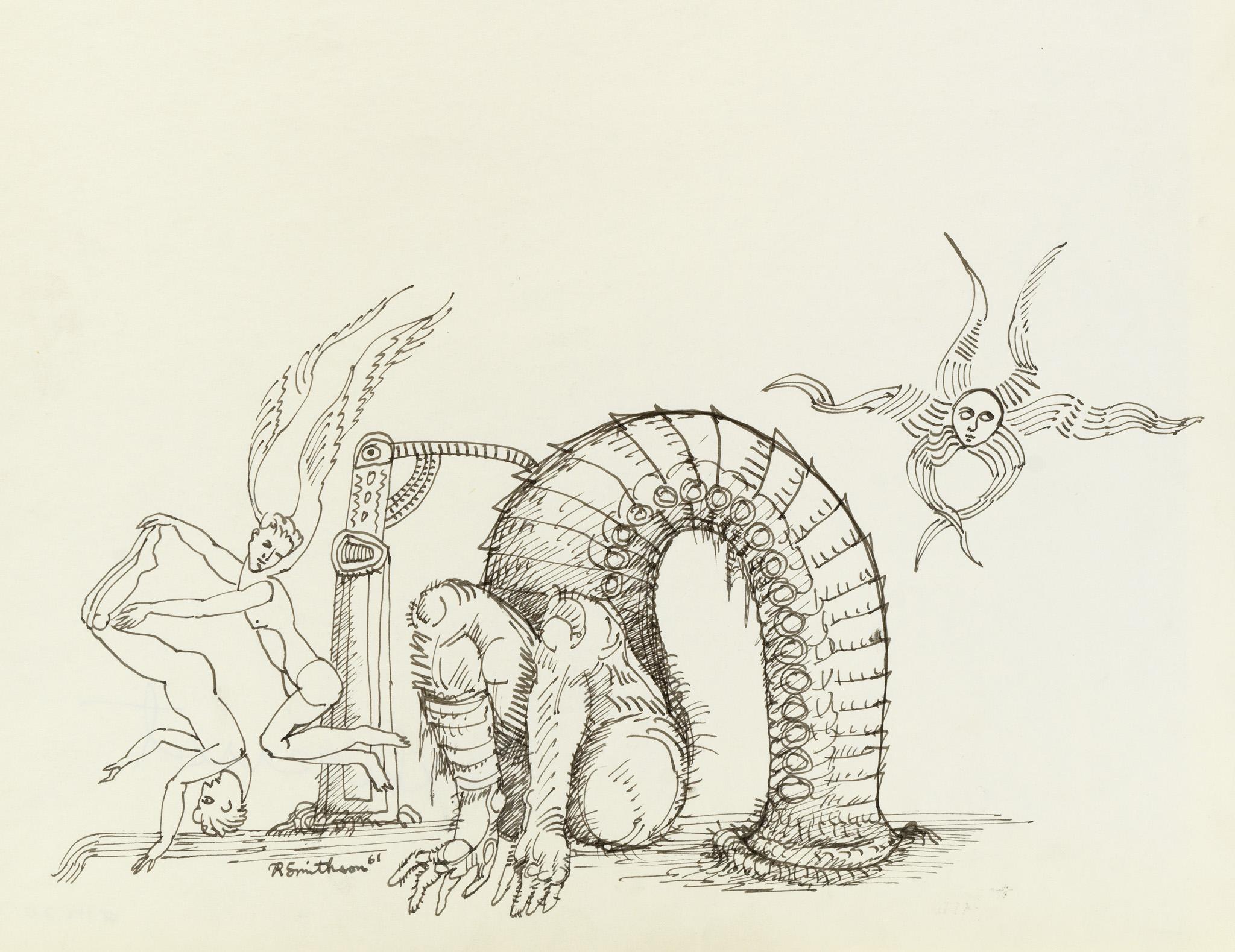 an ink drawing of flying creatures and a creature with a long neck stuck in the ground