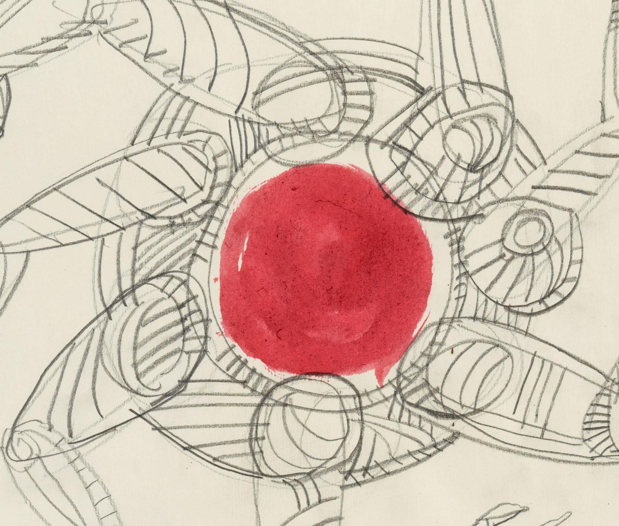 a graphite drawing of a mandala of arms around a red circle