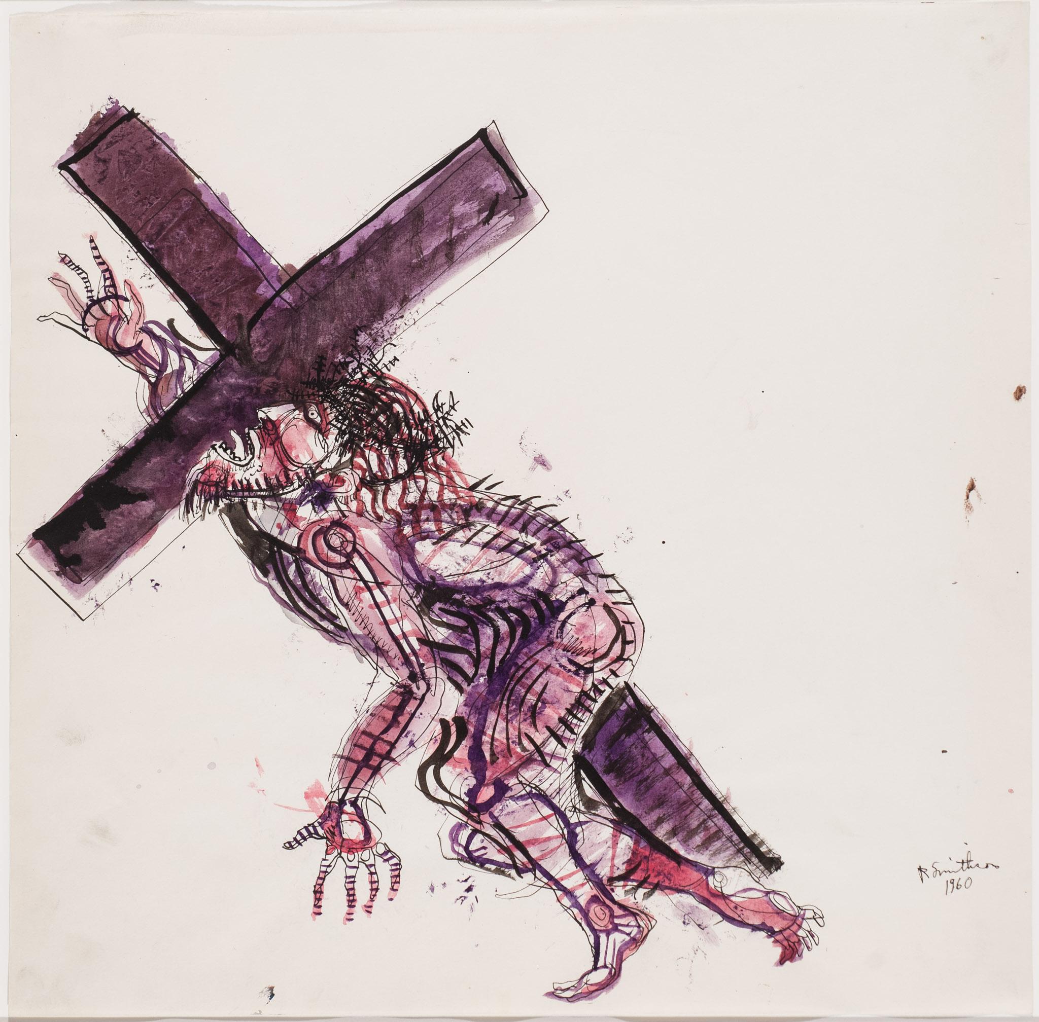 an ink and gouache drawing of Christ carrying the cross