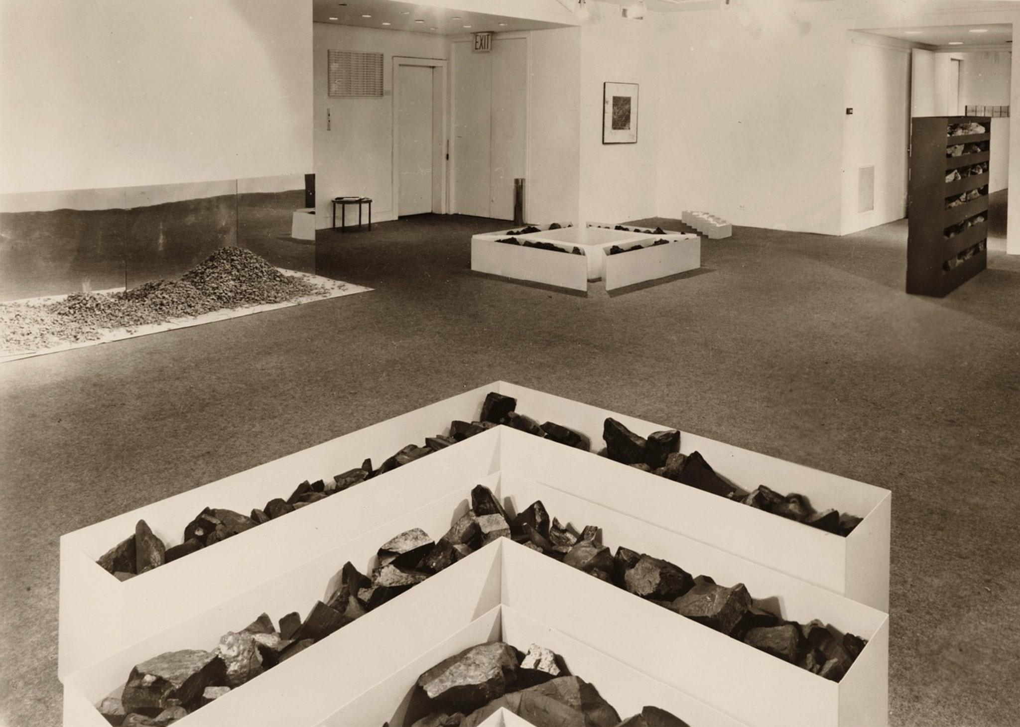 installation view of Robert Smithson sculptures