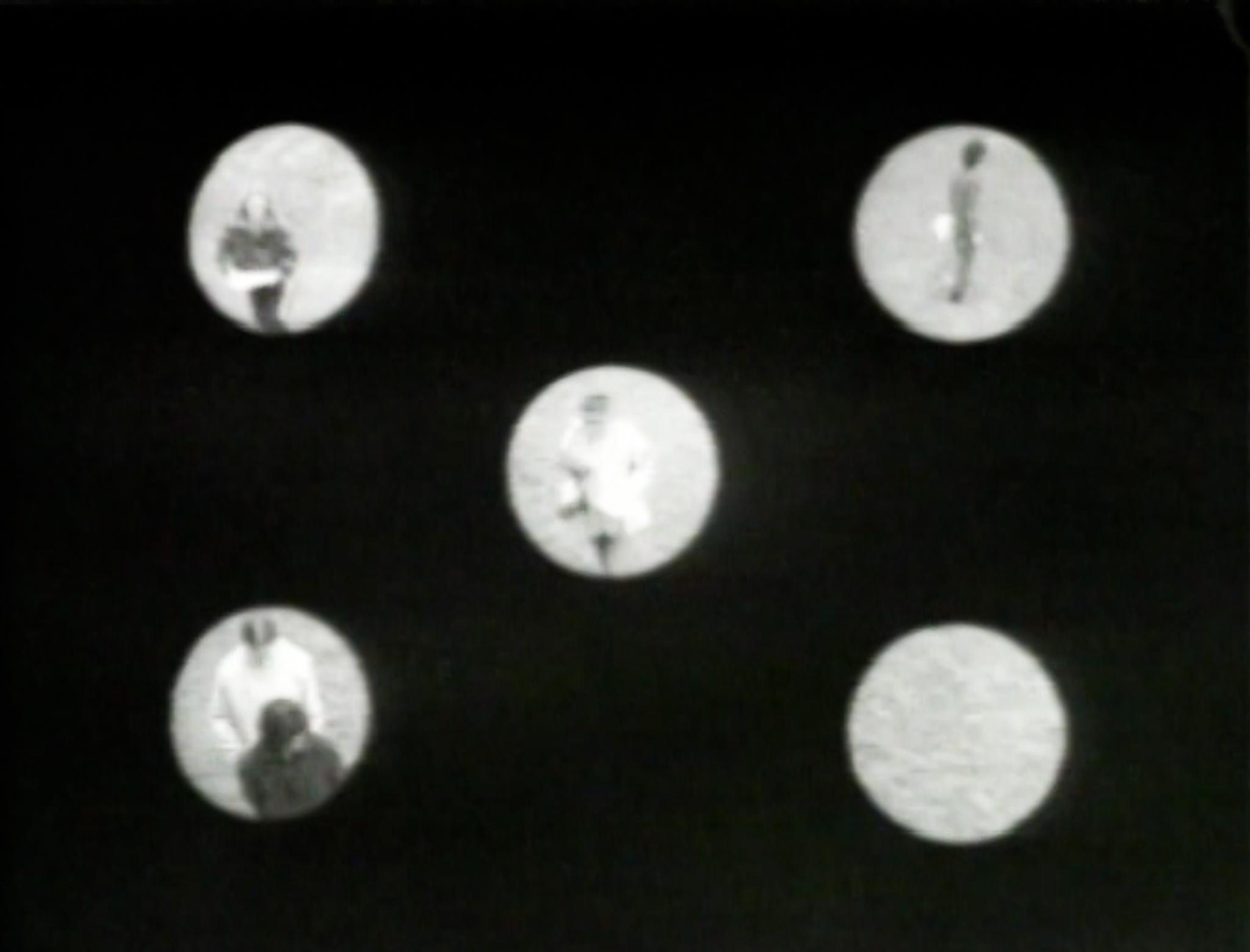 five circles in a black field showing people standing inside of the circle