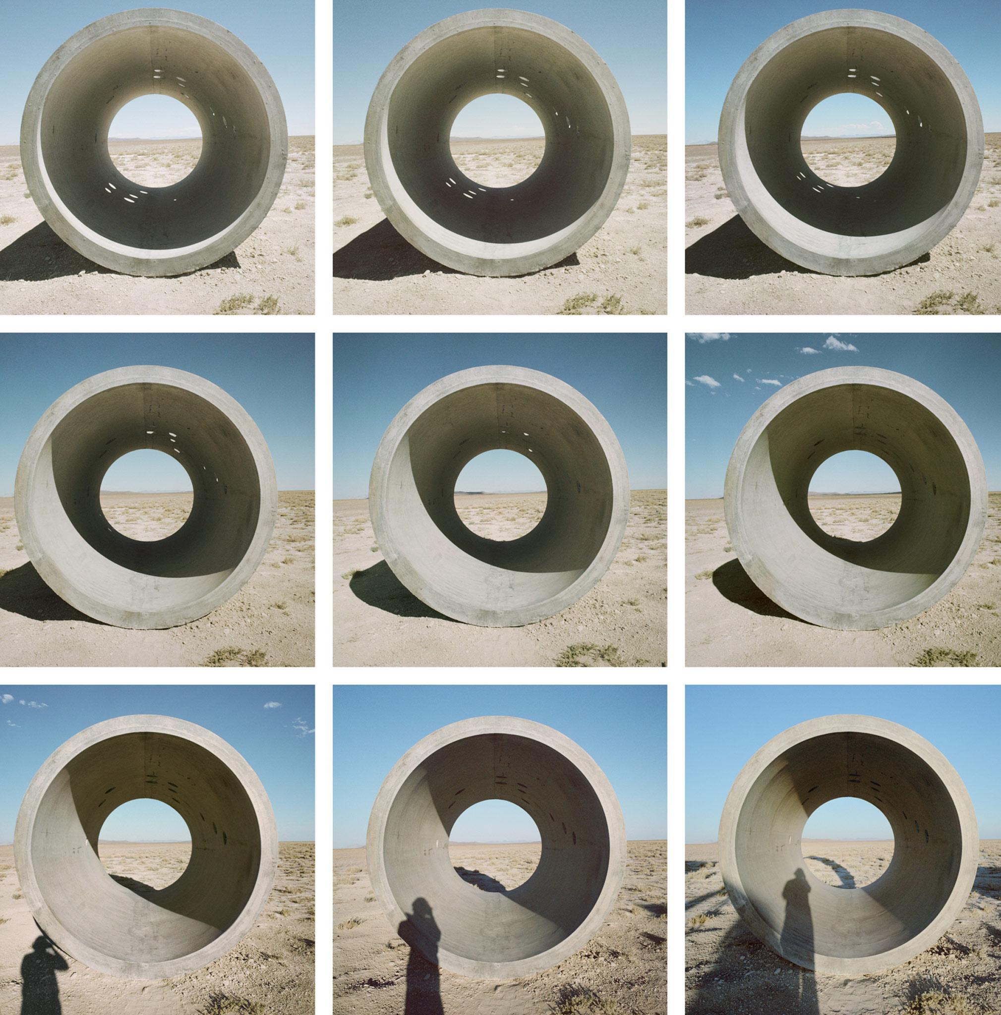 A composite of 30 images showing shifting shadows inside one of Nancy Holt's Sun Tunnels