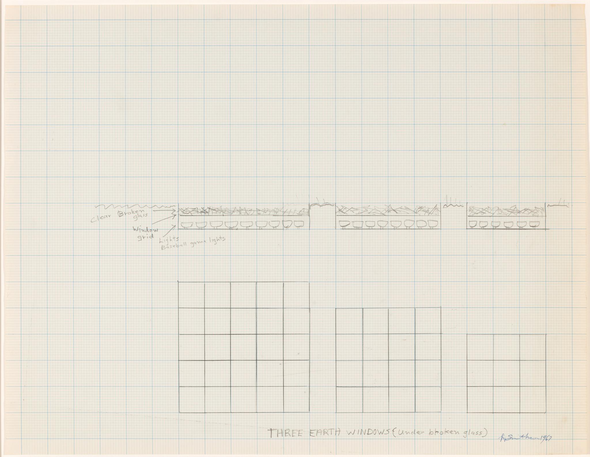 a drawing on graph paper by Robert Smithson of three earth windows