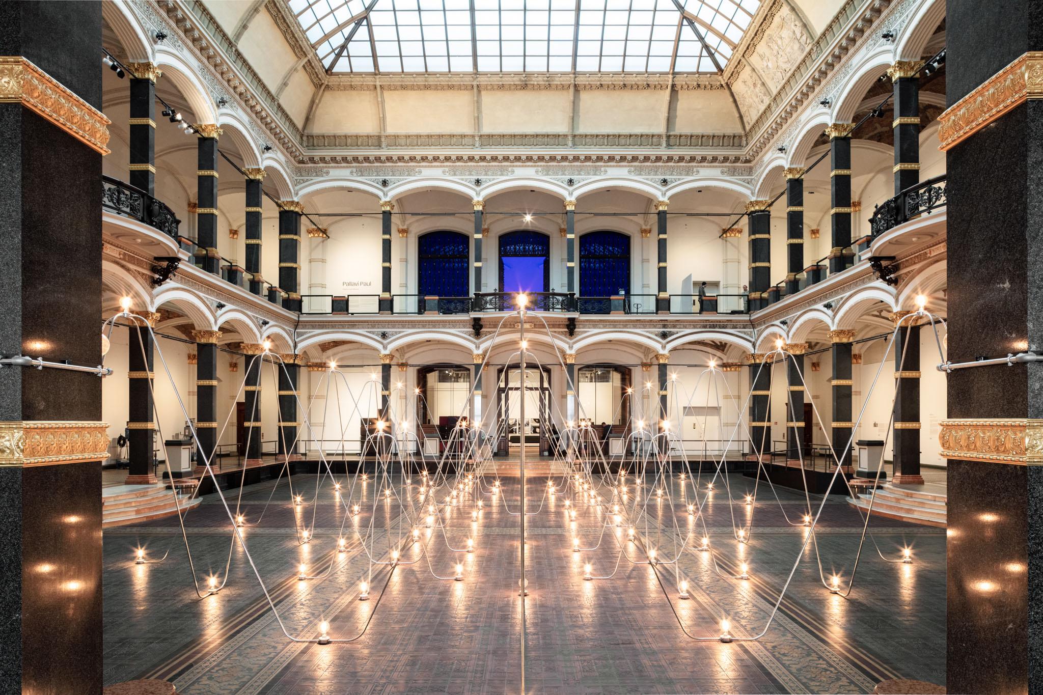 Nancy Holt's Electrical System made of conduit and lightbulbs installed in Gropius Bau