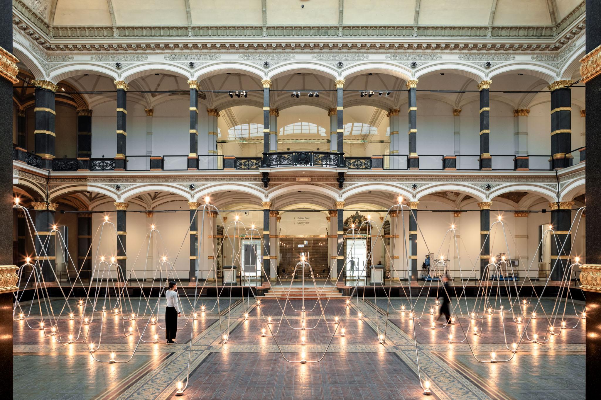 Nancy Holt's Electrical System made of conduit and lightbulbs installed in Gropius Bau