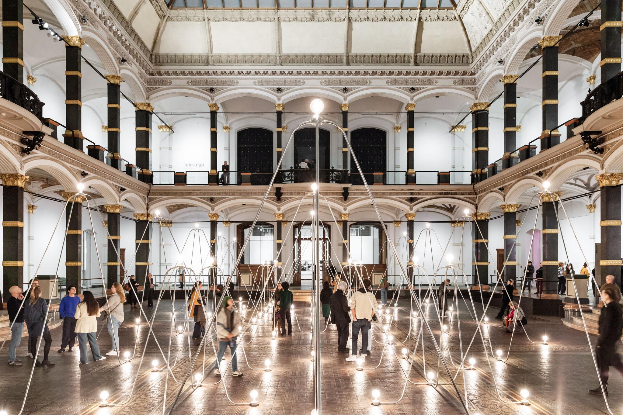 Nancy Holt's Electrical System made of conduit and lightbulbs installed in Gropius Bau