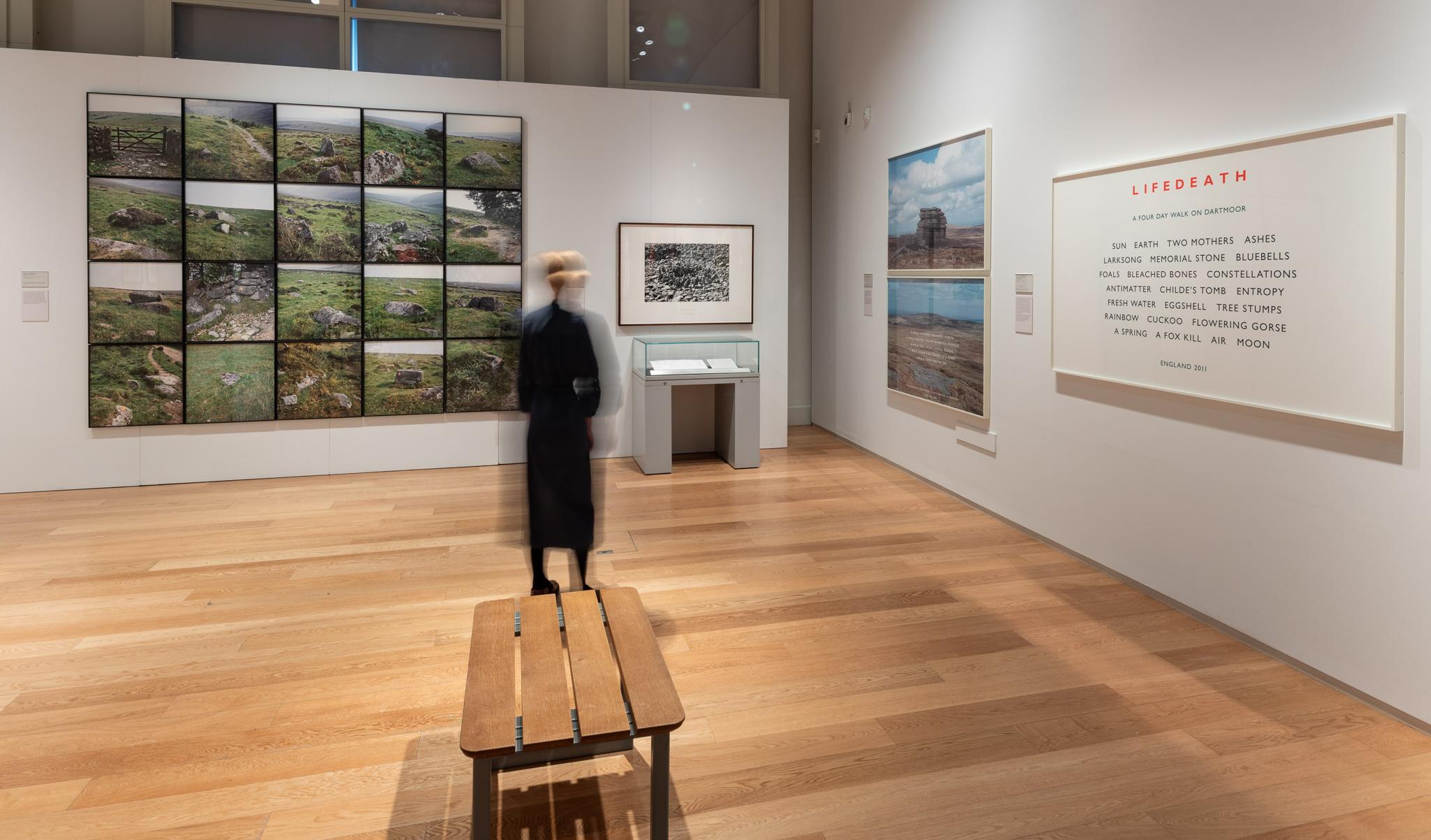 Installation view of an exhibition featuring photographs and wall works