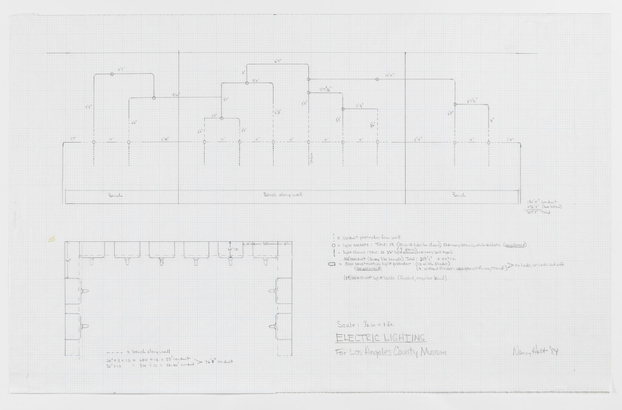 drawing for Nancy Holt's sculpture Electric Lighting for Reading Room at LACMA