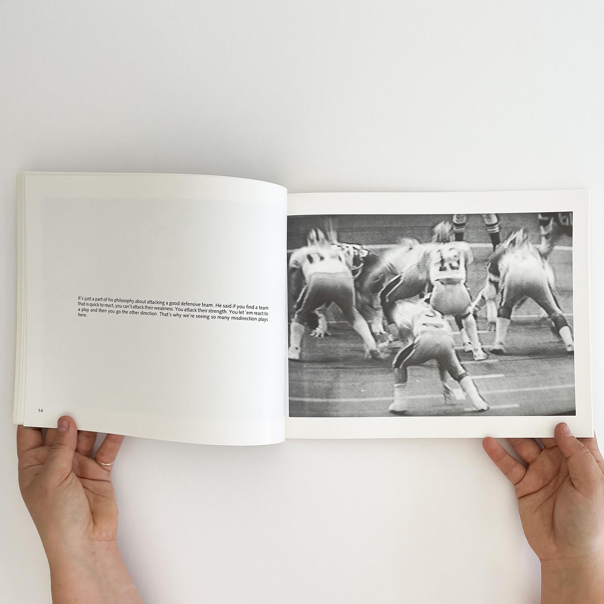 An artist book depicting images of football paired with text