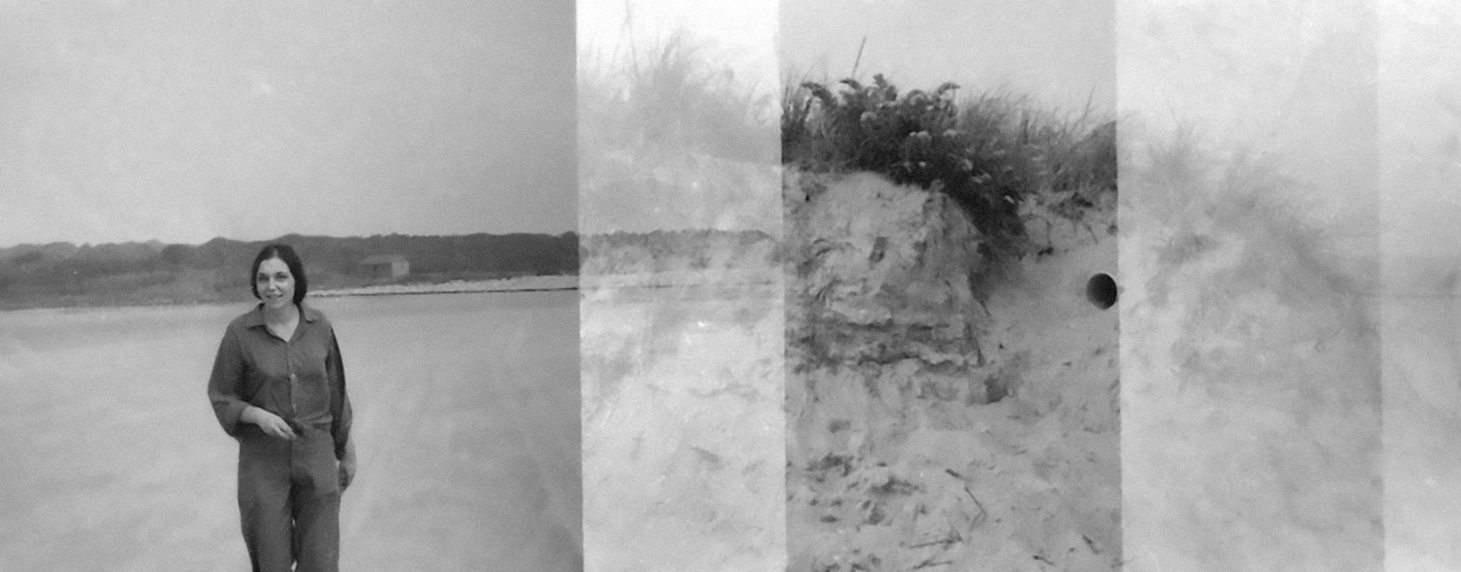 Nancy Holt with her sculpture Views Through a Sand Dune (1972) on the beach