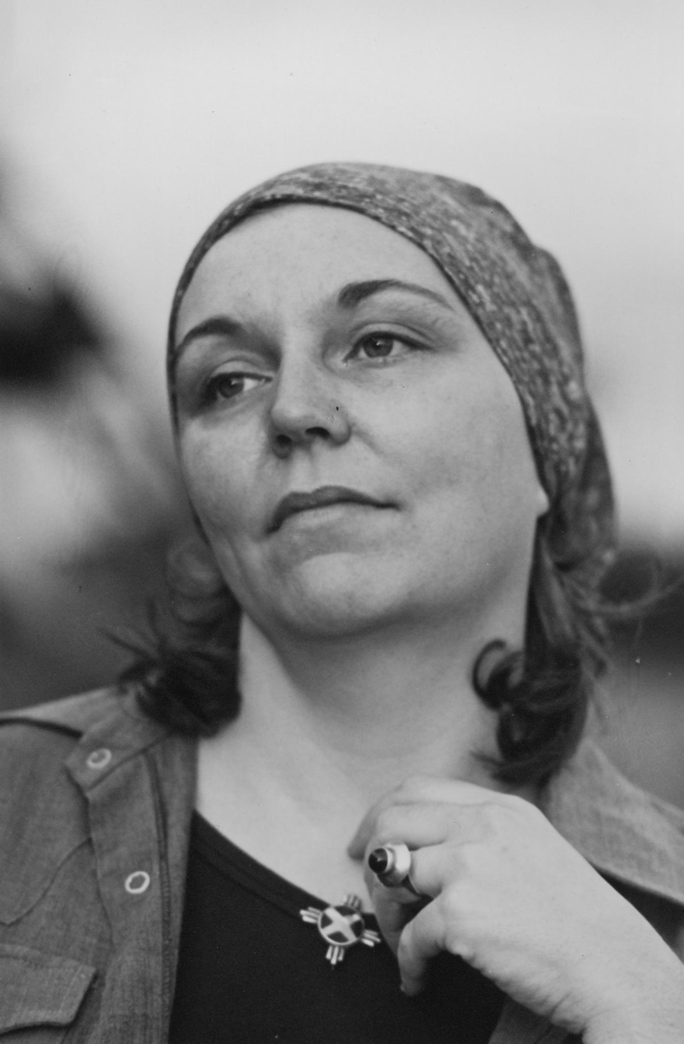 Closeup portrait of Nancy Holt on a rooftop in New York City 