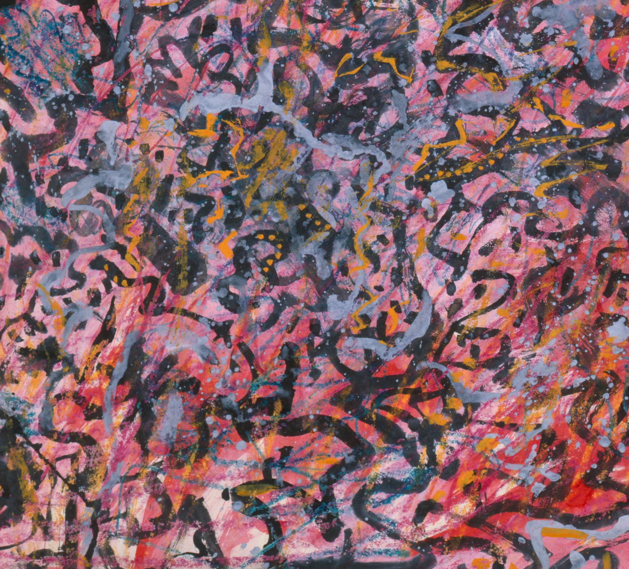 a painted landscape with collaged eyes with the word tear written under each