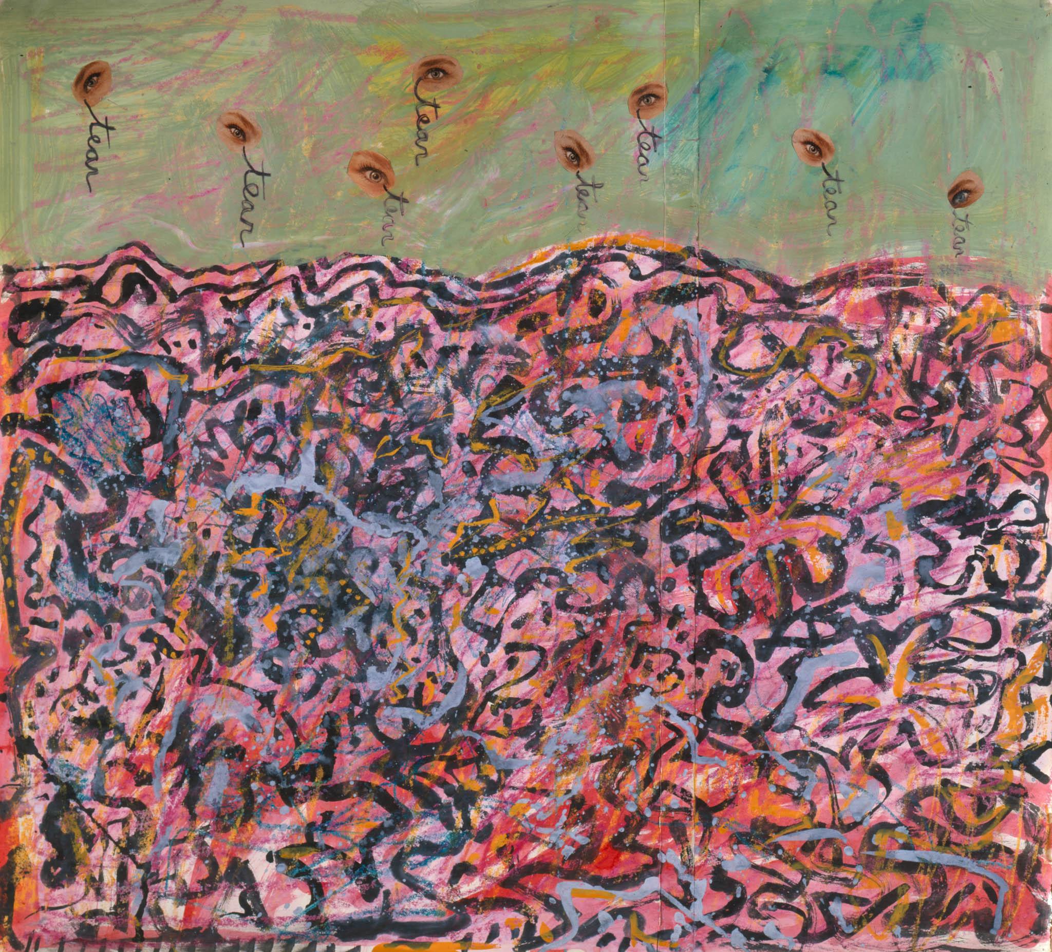 a painted landscape with collaged eyes with the word tear written under each