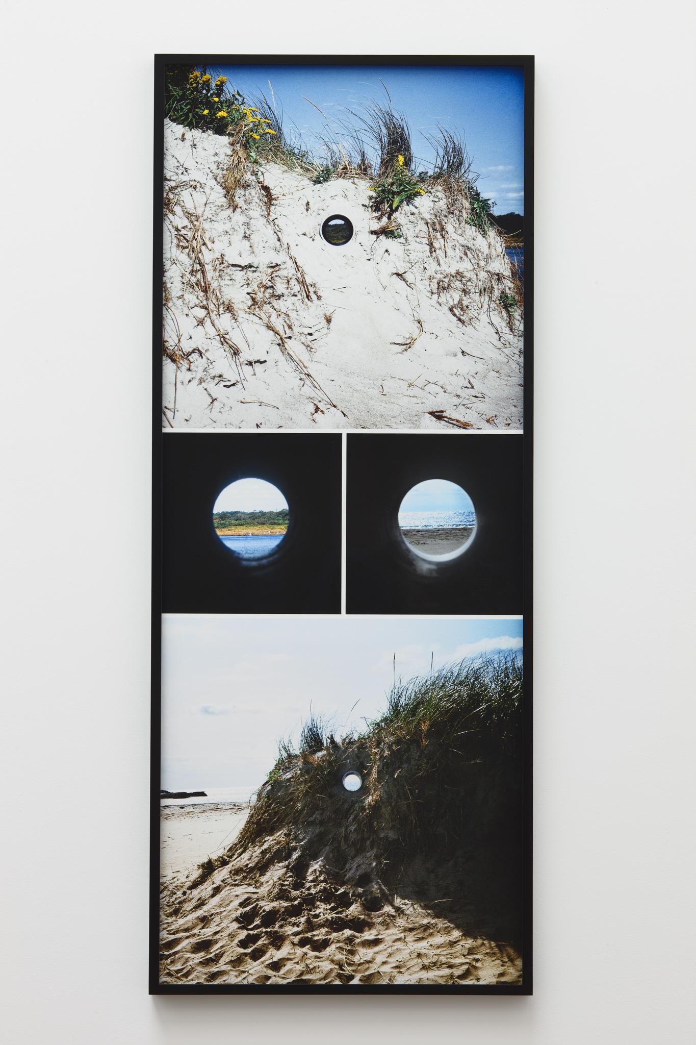 a composite image showing four views of the earthwork Views through a Sand Dune by Nancy Holt