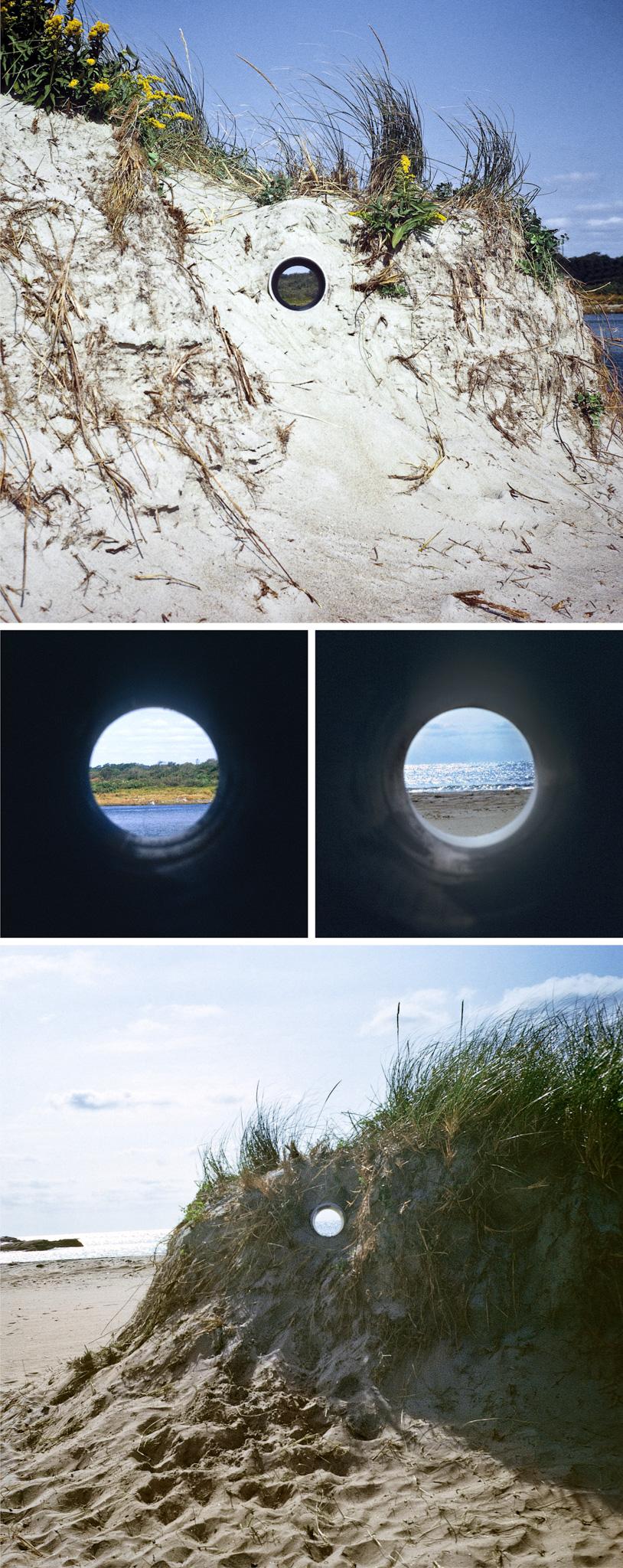 a composite image showing four views of the earthwork Views through a Sand Dune by Nancy Holt