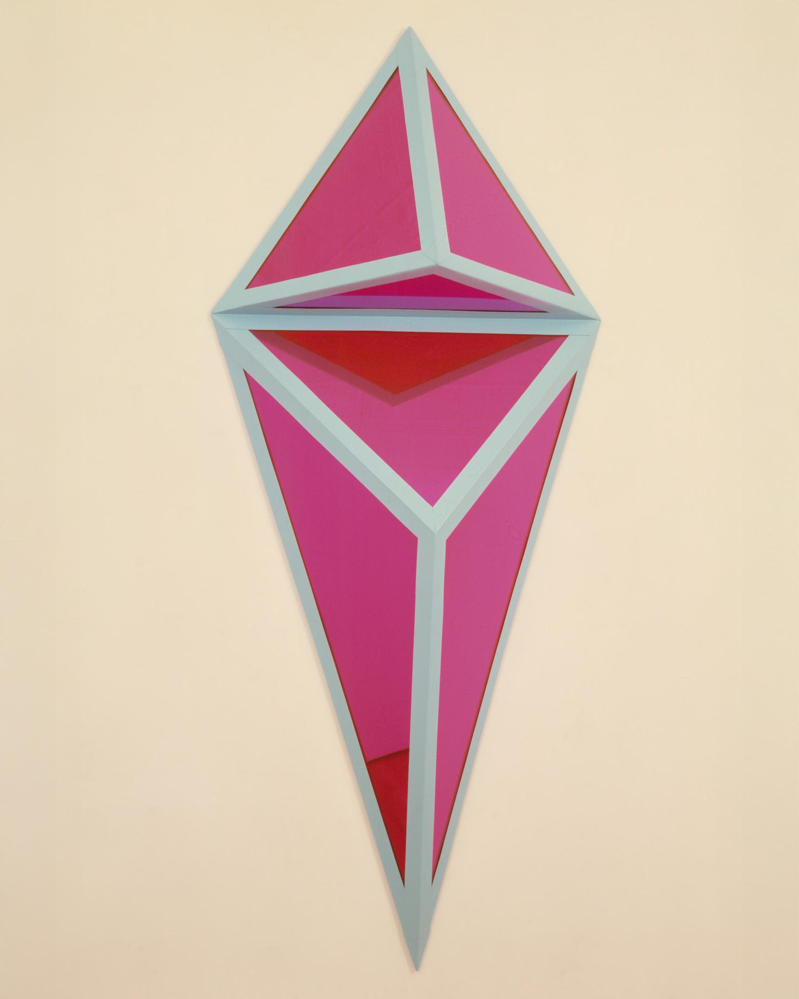 a geometric sculpture of pink mirrors and blue steel skeleton