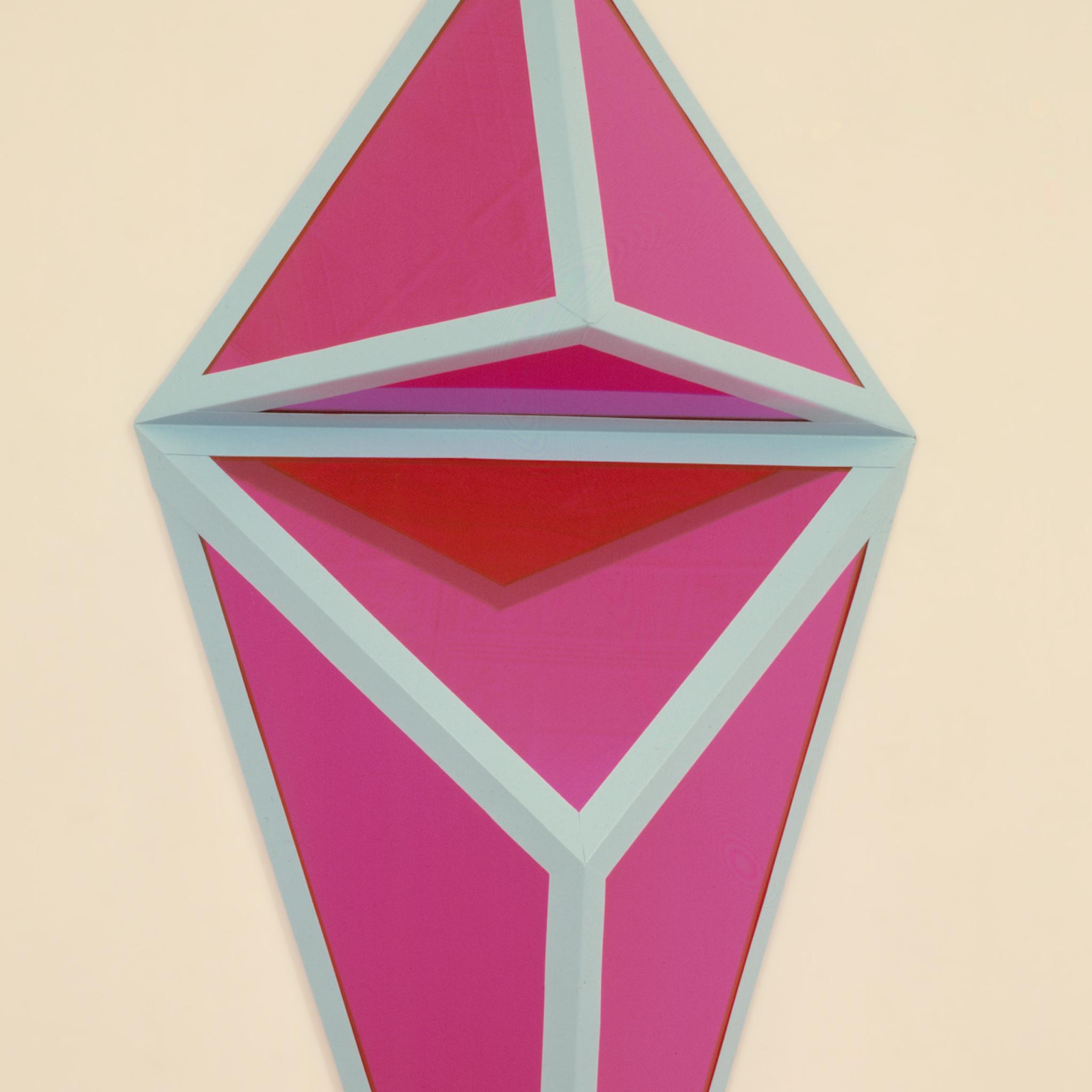 detail image of a geometric sculpture with pale blue metal frame and pink mirrored planes