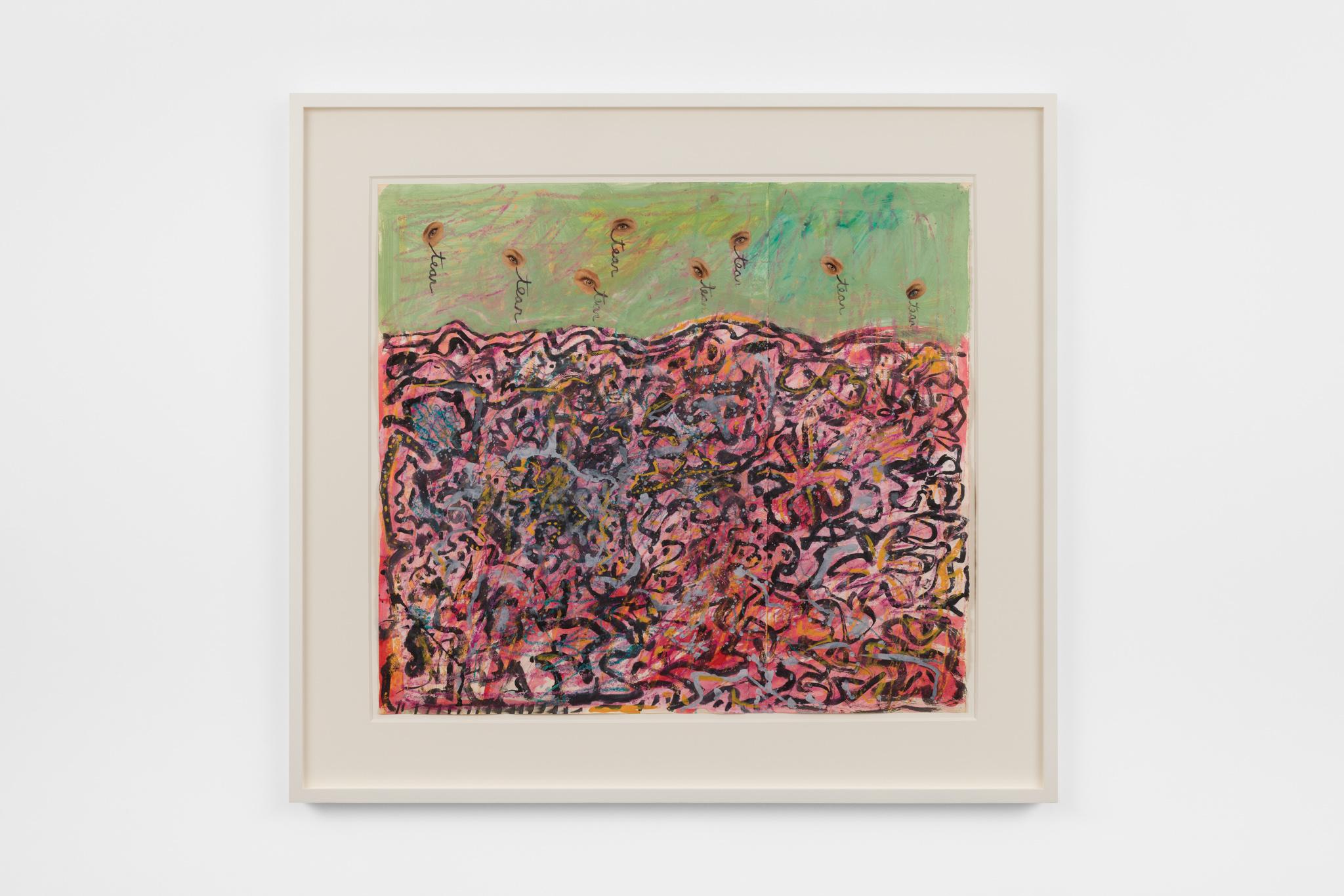 collaged eyes floating in a green sky above a landscape of chaotic marks in black, purple, and pink