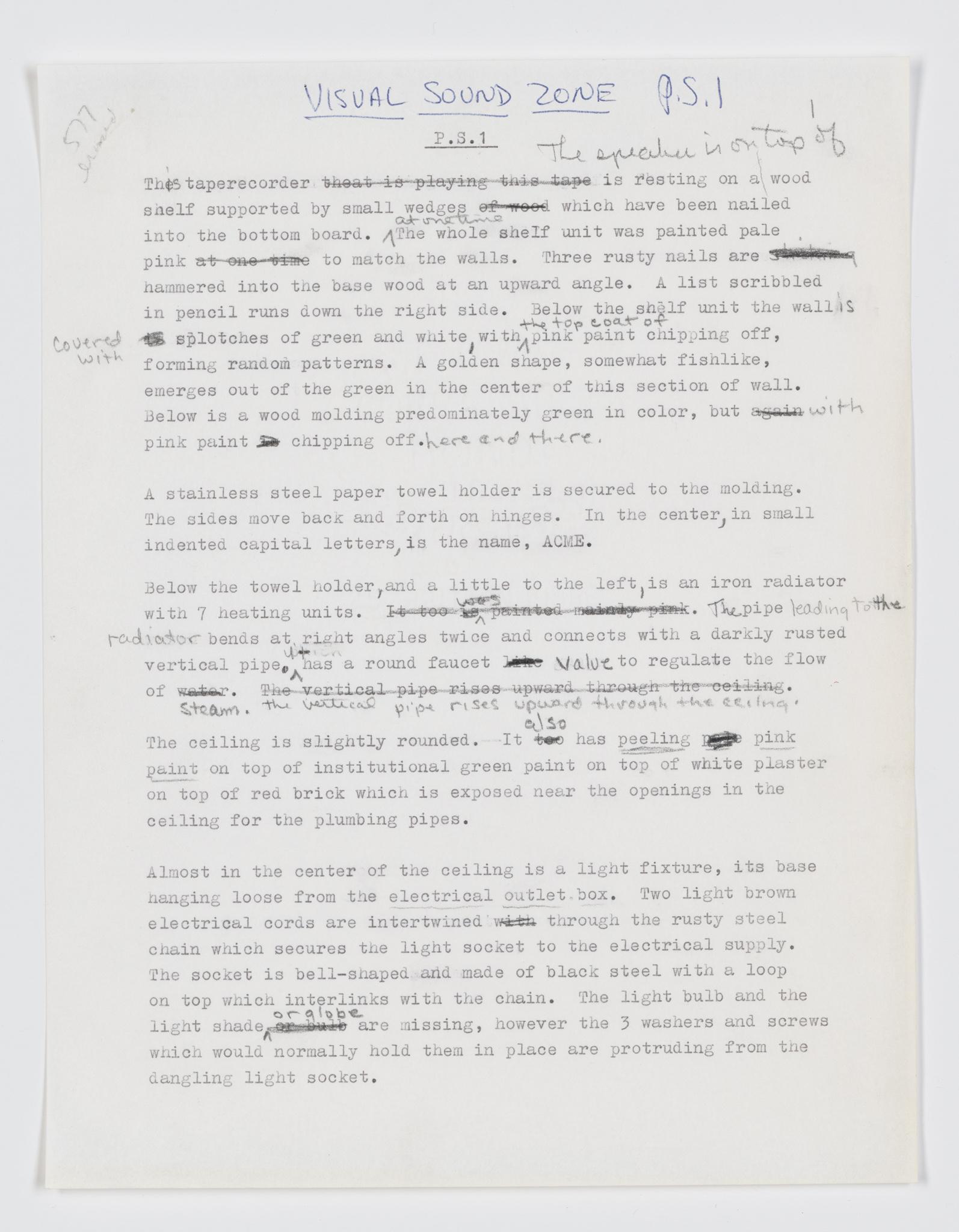 typewritten score for Visual Sound Zone: Washroom, P.S.1