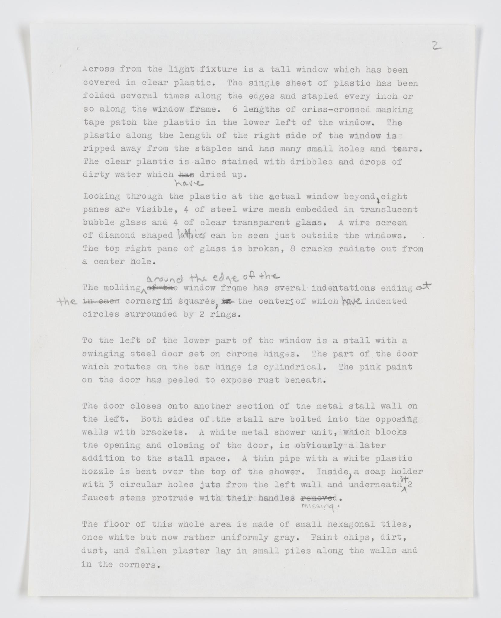 Typewritten text with hand annotation of a visual tour given by Nancy Holt at P.S.1 in New York City