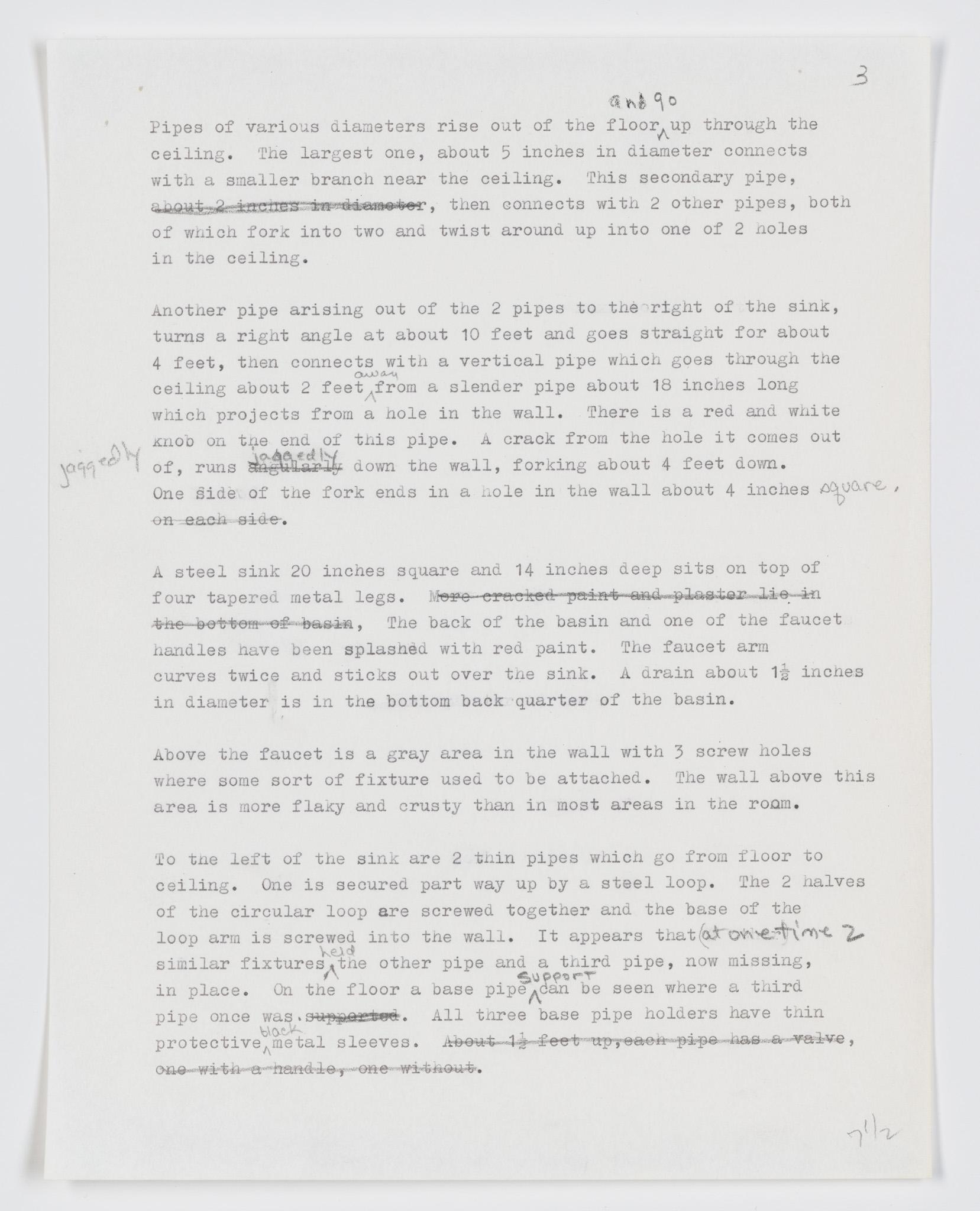 Typewritten text with hand annotation of a visual tour given by Nancy Holt at P.S.1 in New York City