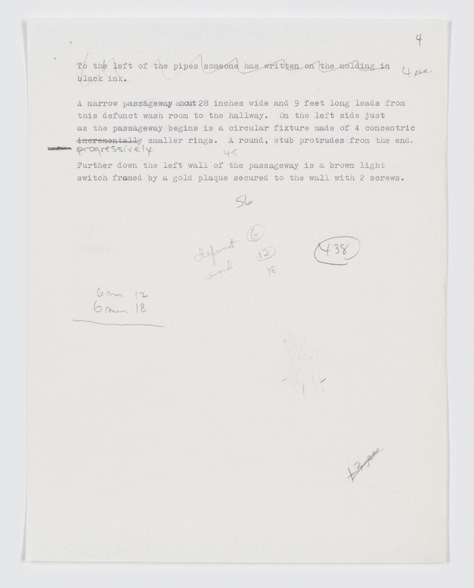 Typewritten text with hand annotation of a visual tour given by Nancy Holt at P.S.1 in New York City