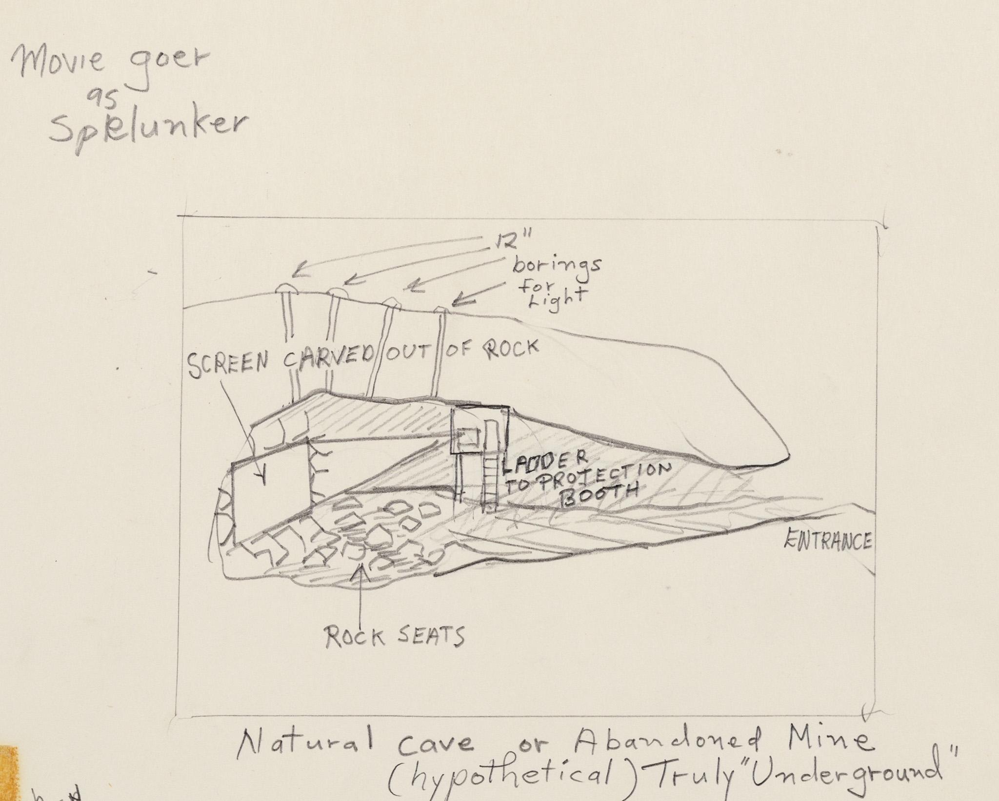 detail of a graphite drawing depicting a cinema in a cavern