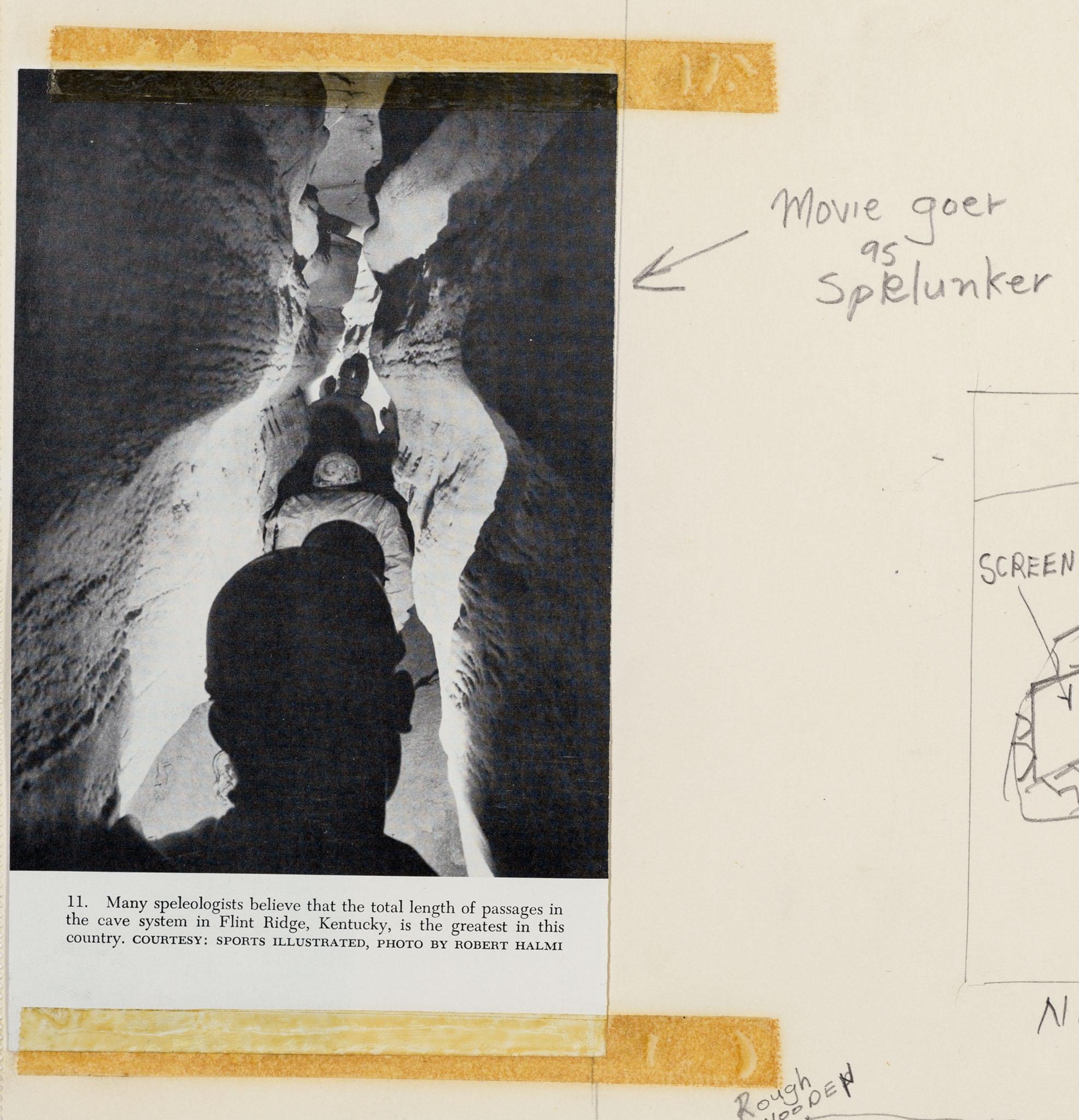 detail of a graphite drawing depicting a cinema in a cavern
