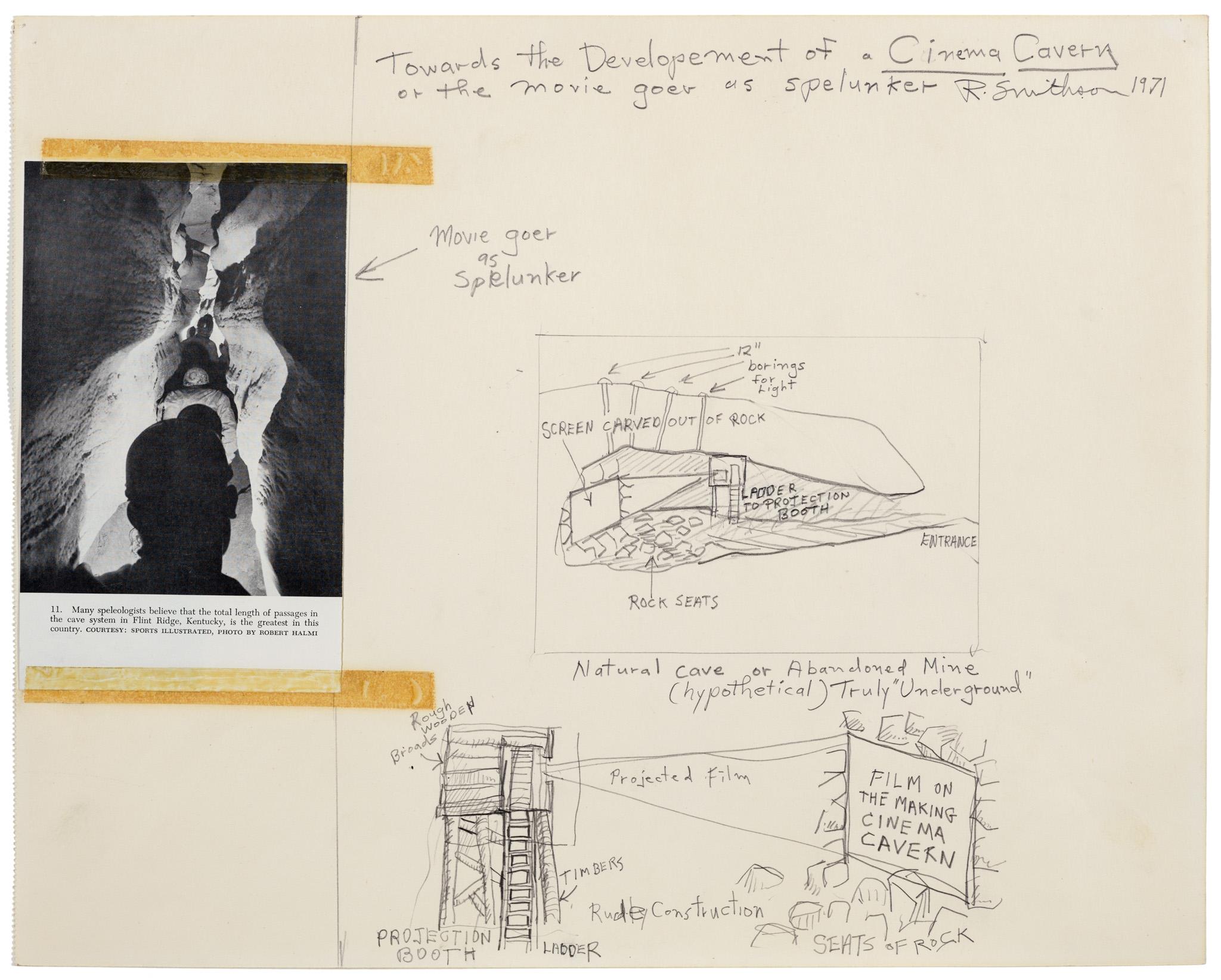 detail of a graphite drawing depicting a cinema in a cavern