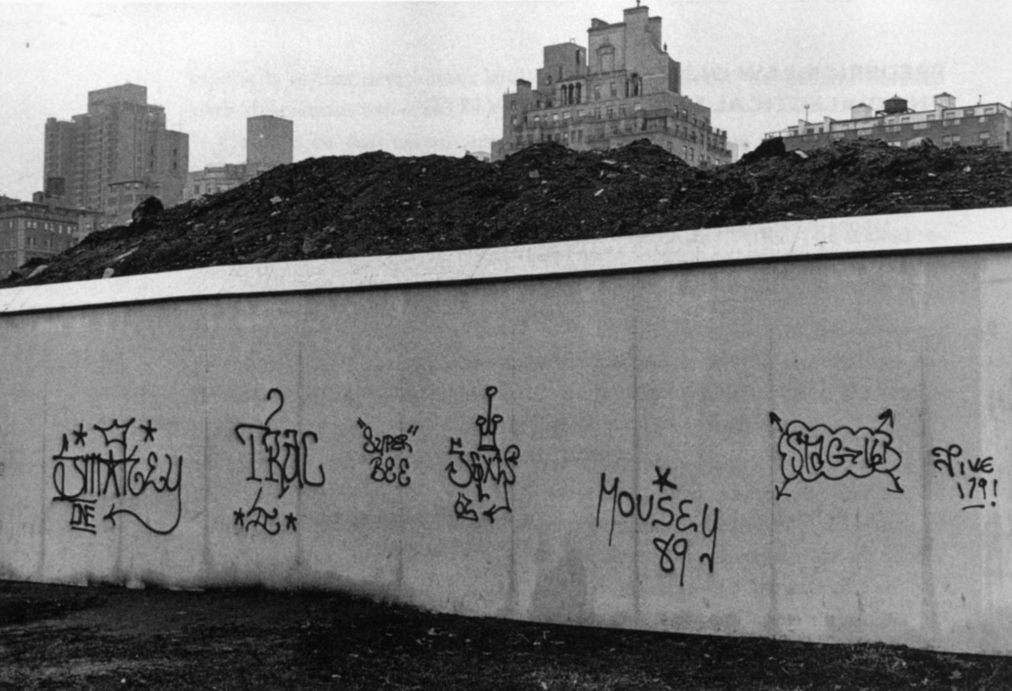 Central Park, 1972, construction site with graffiti behind the Metropolitan Museum of Art