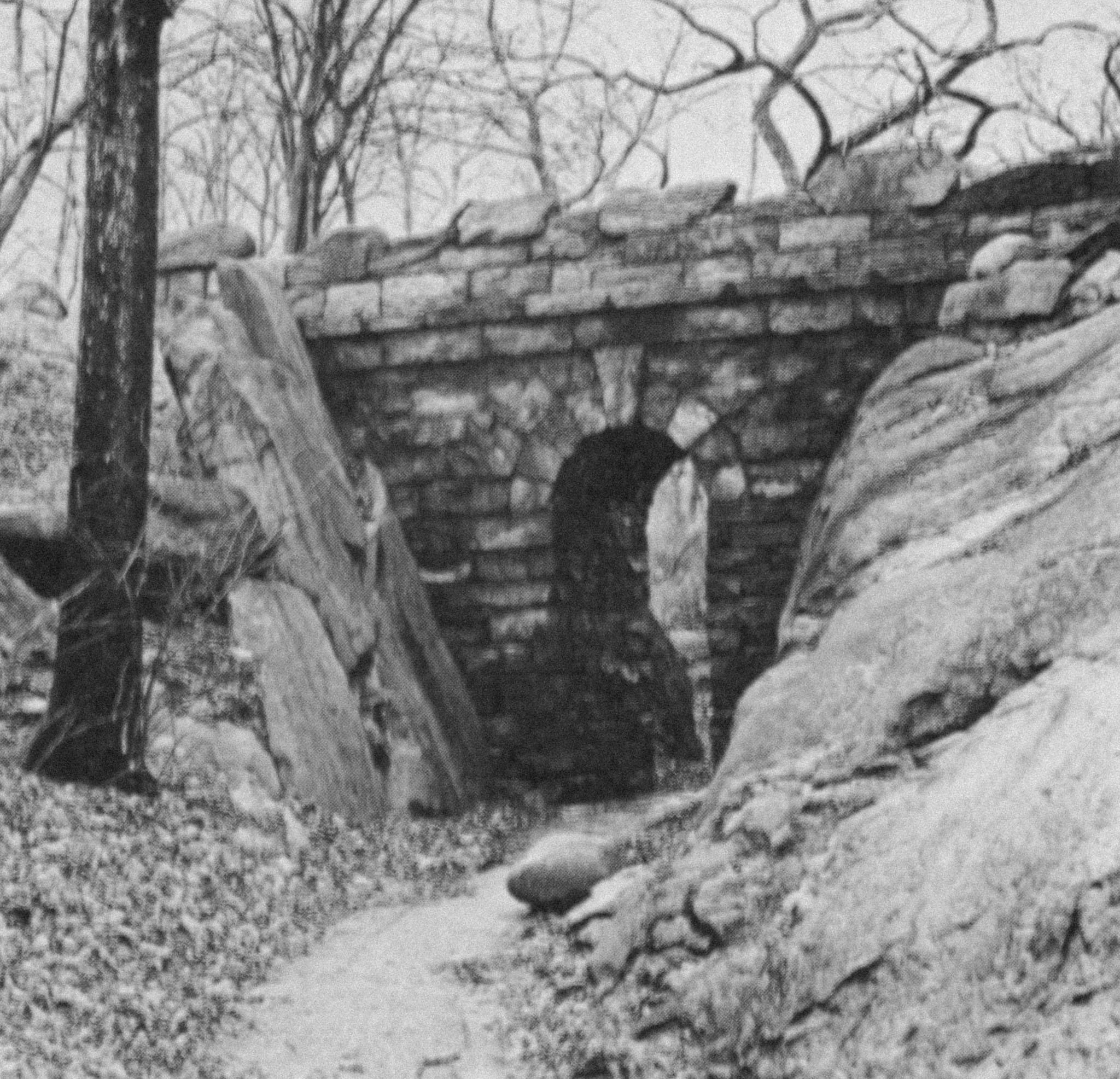 a small stone bridge over a thin walking path