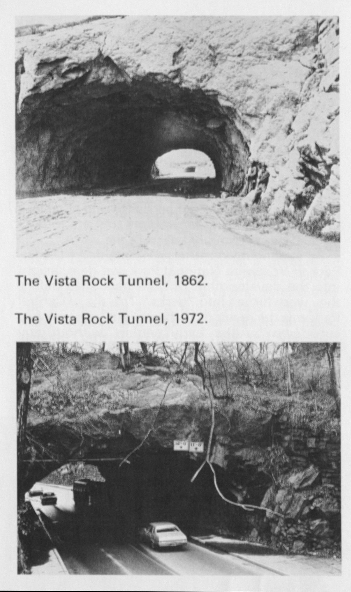 two images of the same tunnel, the top image is barren and rocky and the bottom image depicts a road through the tunnel