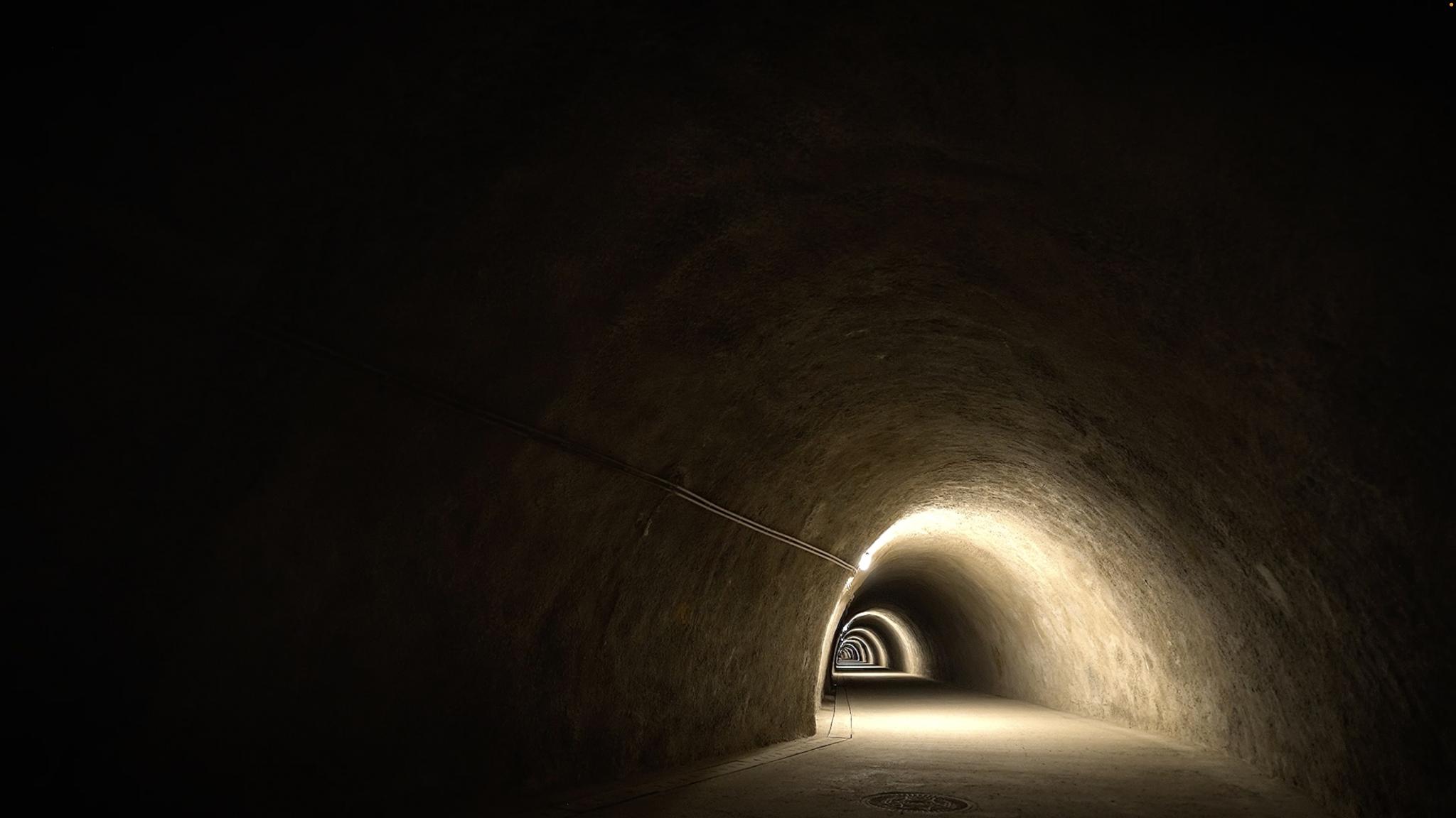 a hemispherical tunnel curving into the distance with light showing the inner space