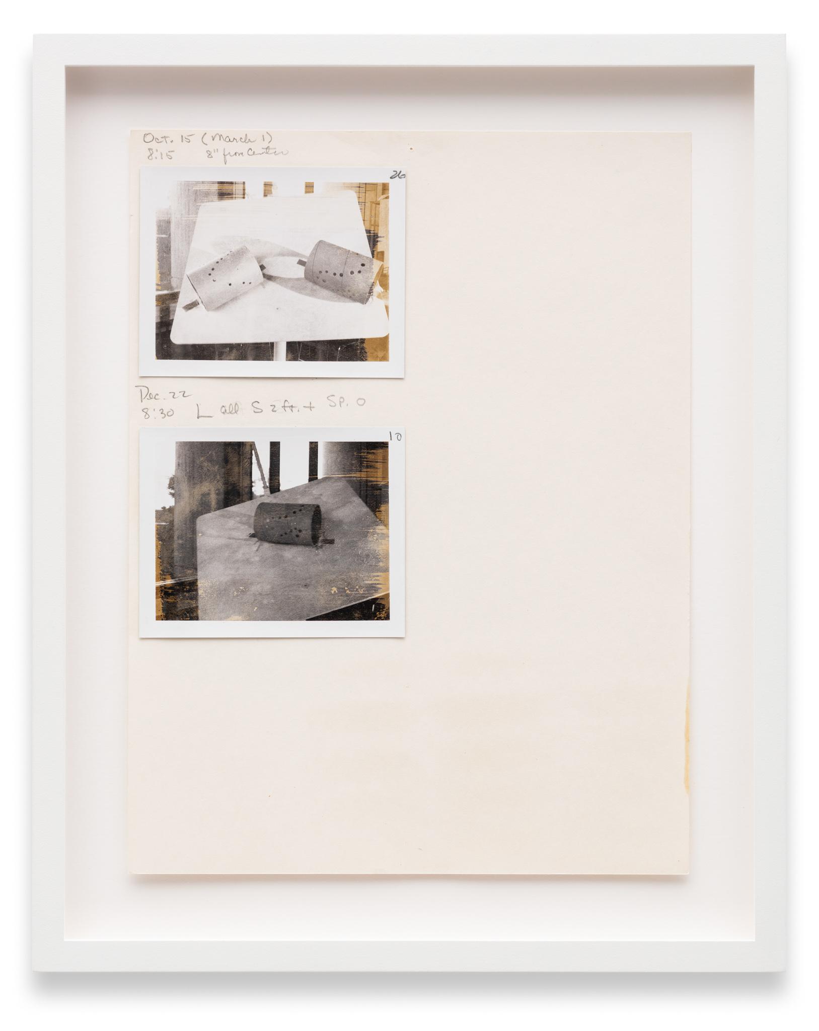 a collage of images of a cardboard tube casting shadows pasted to paper with graphite notations
