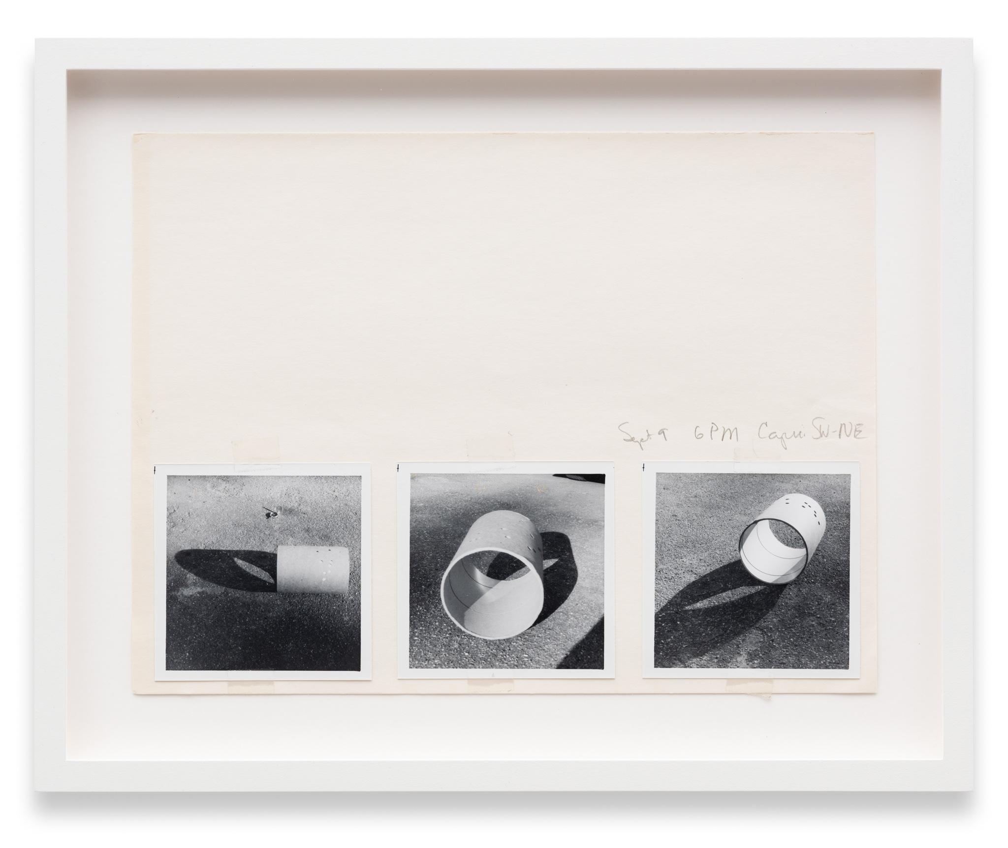 a collage of images of a cardboard tube viewed from different angles assembled on paper with graphite notations