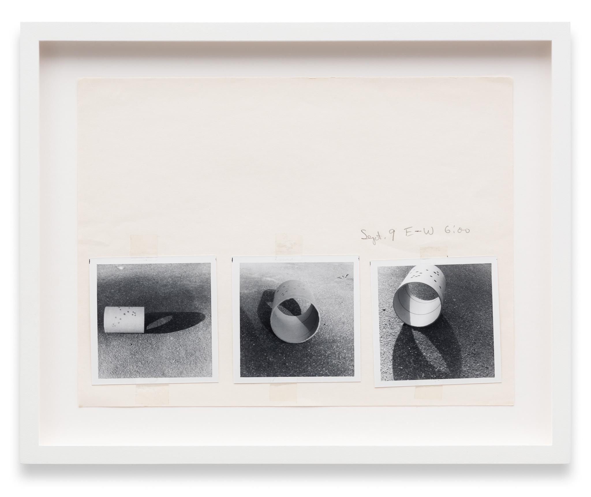 a collage of images of a cardboard tube viewed from different angles assembled on paper with graphite notations