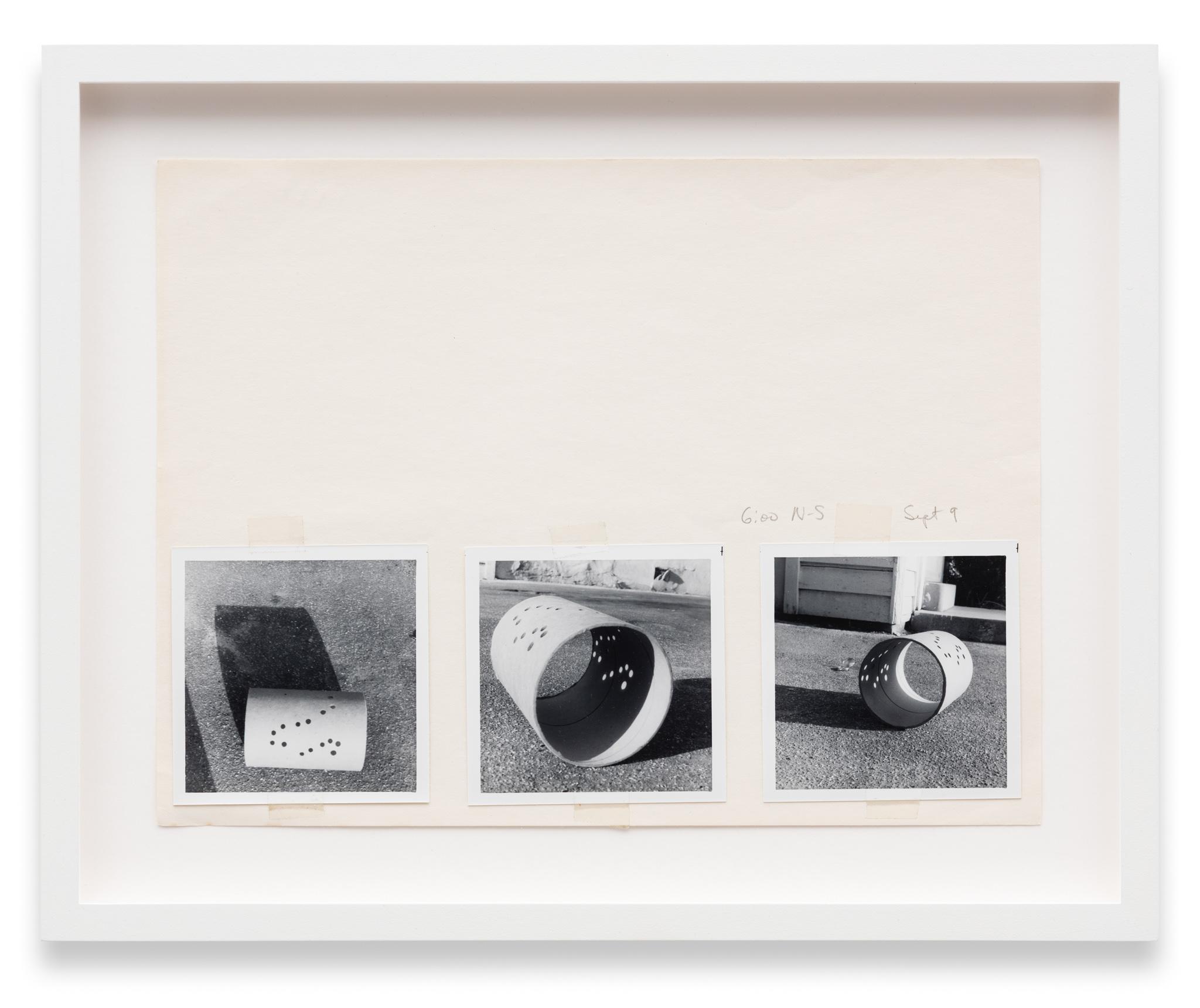 a collage of images of a cardboard tube viewed from different angles assembled on paper with graphite notations